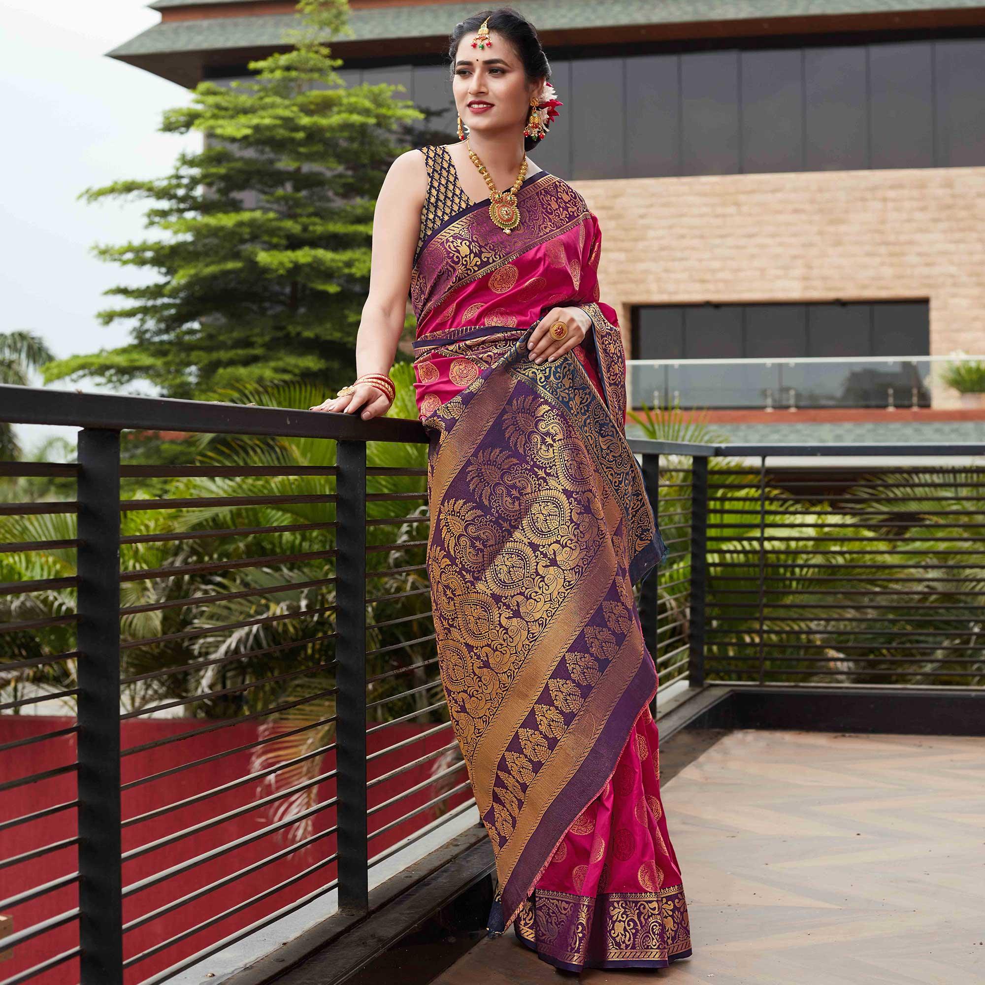 Pink Festive Wear Woven Silk Saree With Meena Butta Rich Pallu - Peachmode