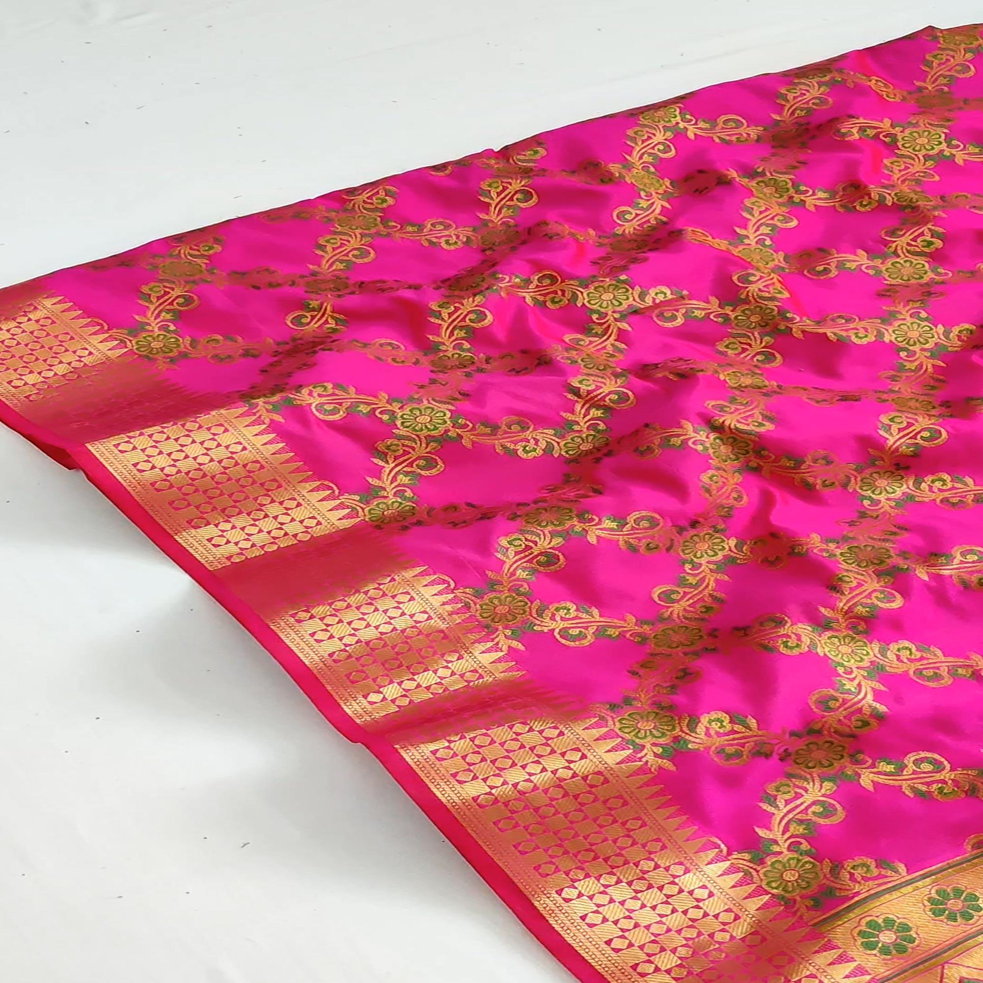 Pink Festive Wear Woven Silk Saree With Meena Butta Rich Pallu - Peachmode