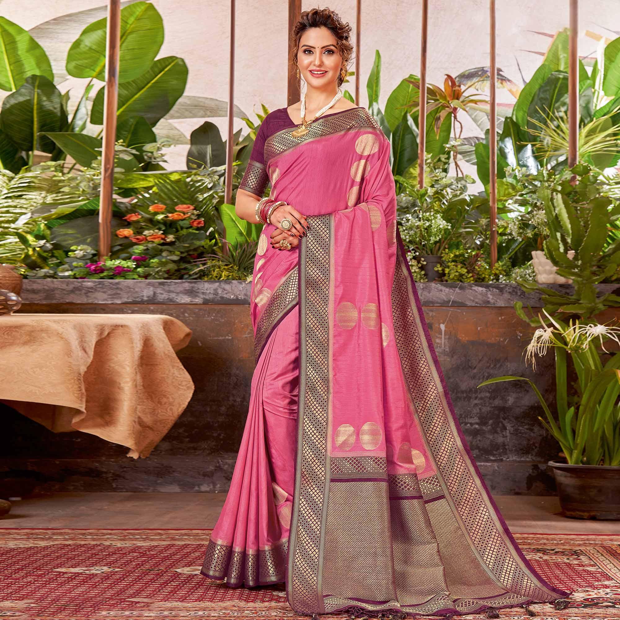 Pink Festive Wear Woven Silk Saree With Tassels - Peachmode