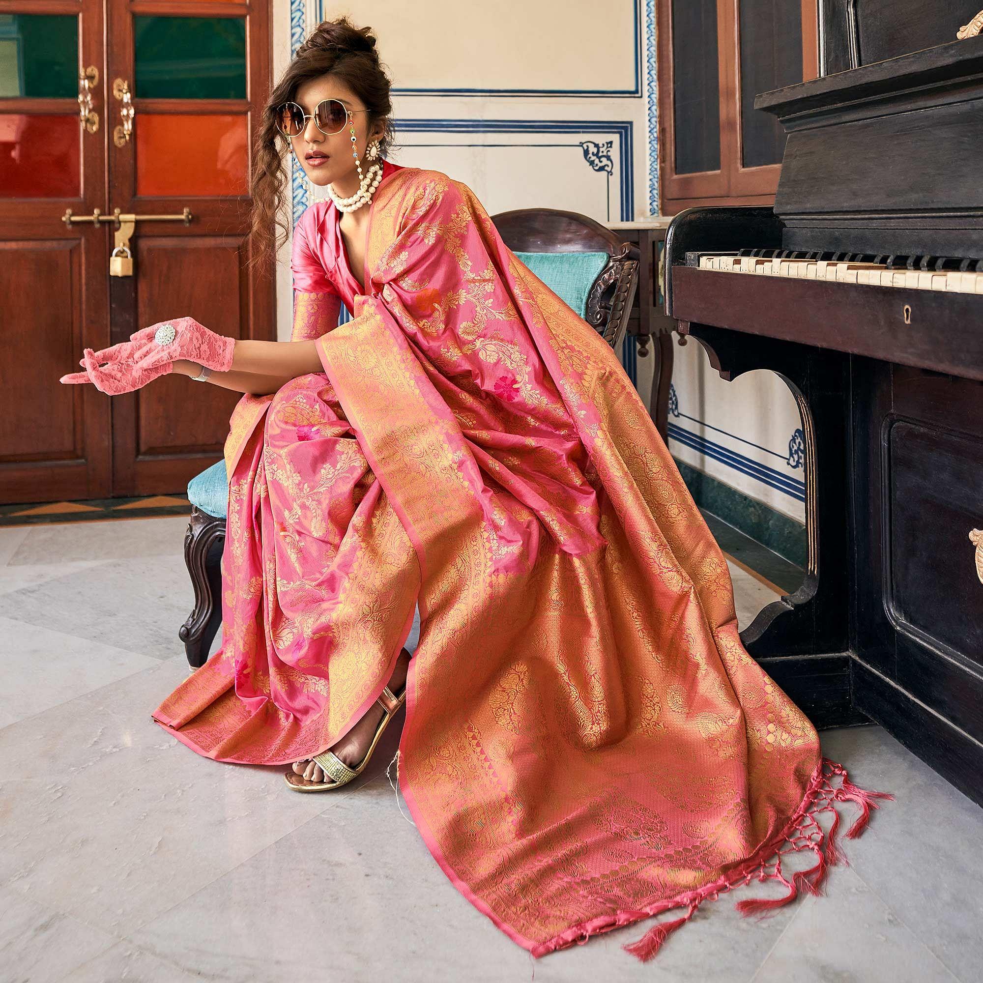 Pink Festive Wear Woven Silk Saree With Tassels - Peachmode
