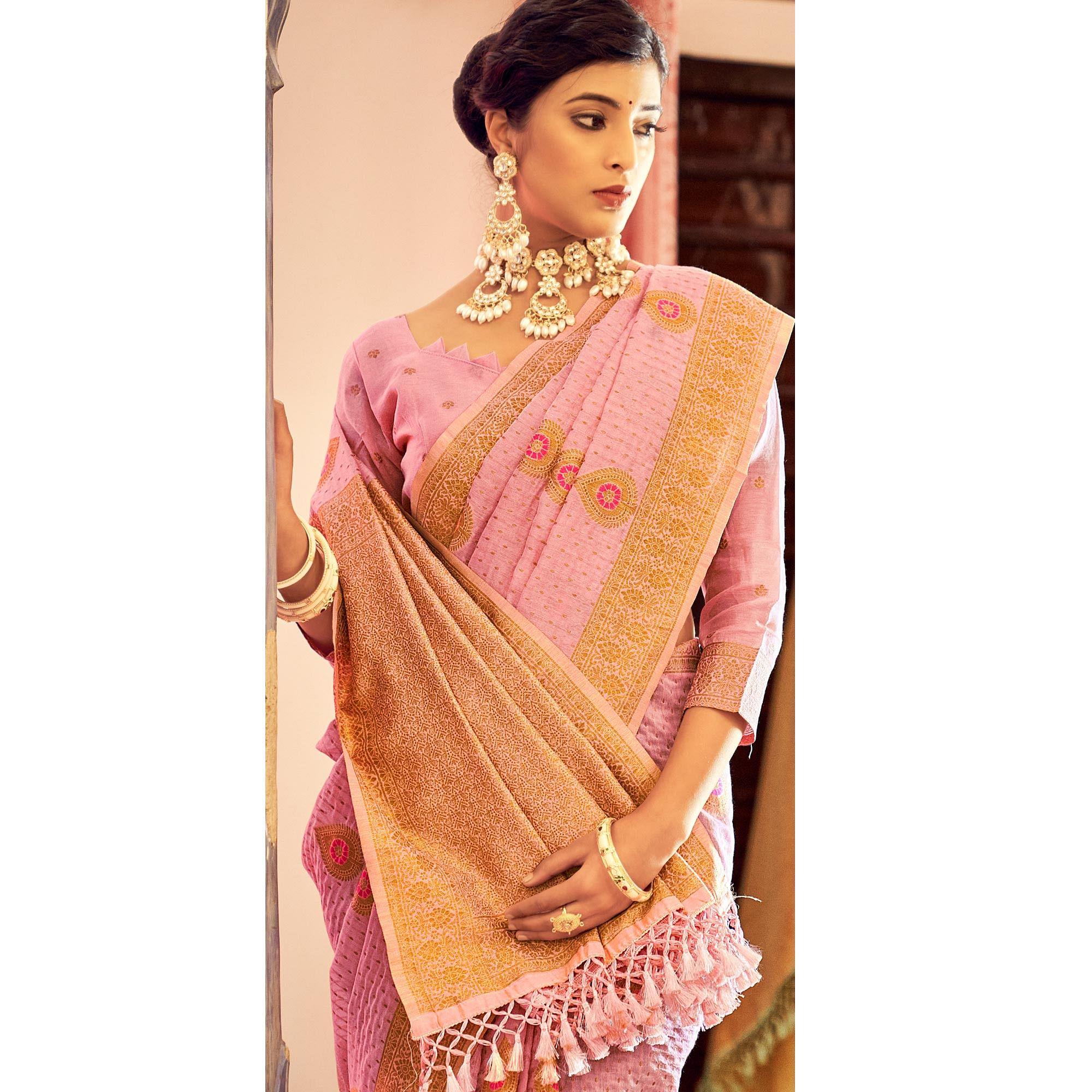 Pink Festive Wear Woven Silk Saree With Tassels - Peachmode
