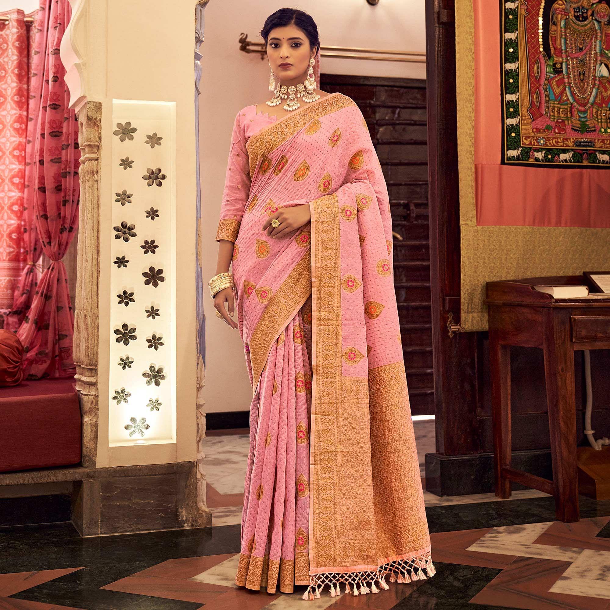 Pink Festive Wear Woven Silk Saree With Tassels - Peachmode