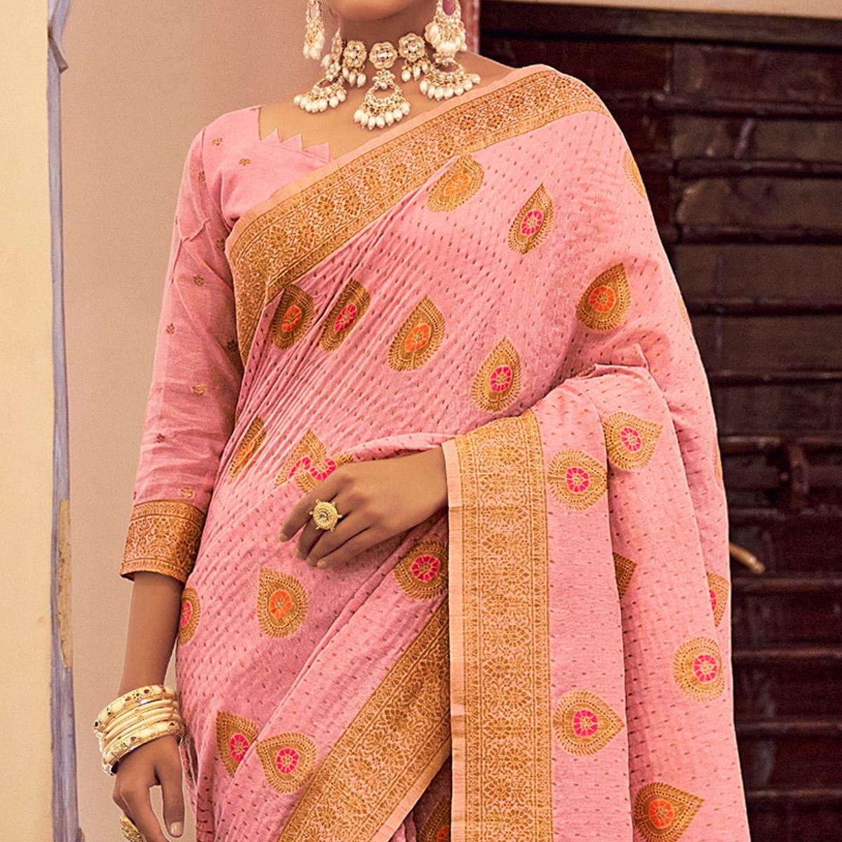 Pink Festive Wear Woven Silk Saree With Tassels - Peachmode