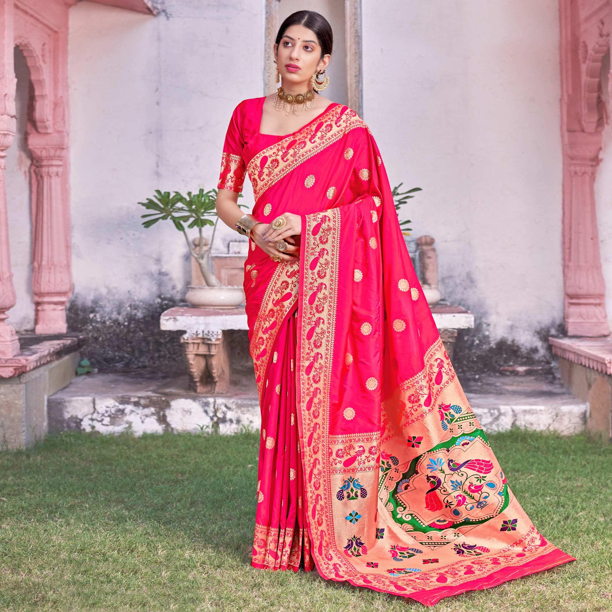 Pink Festive Wear Woven Soft Banarasi Silk Saree - Peachmode
