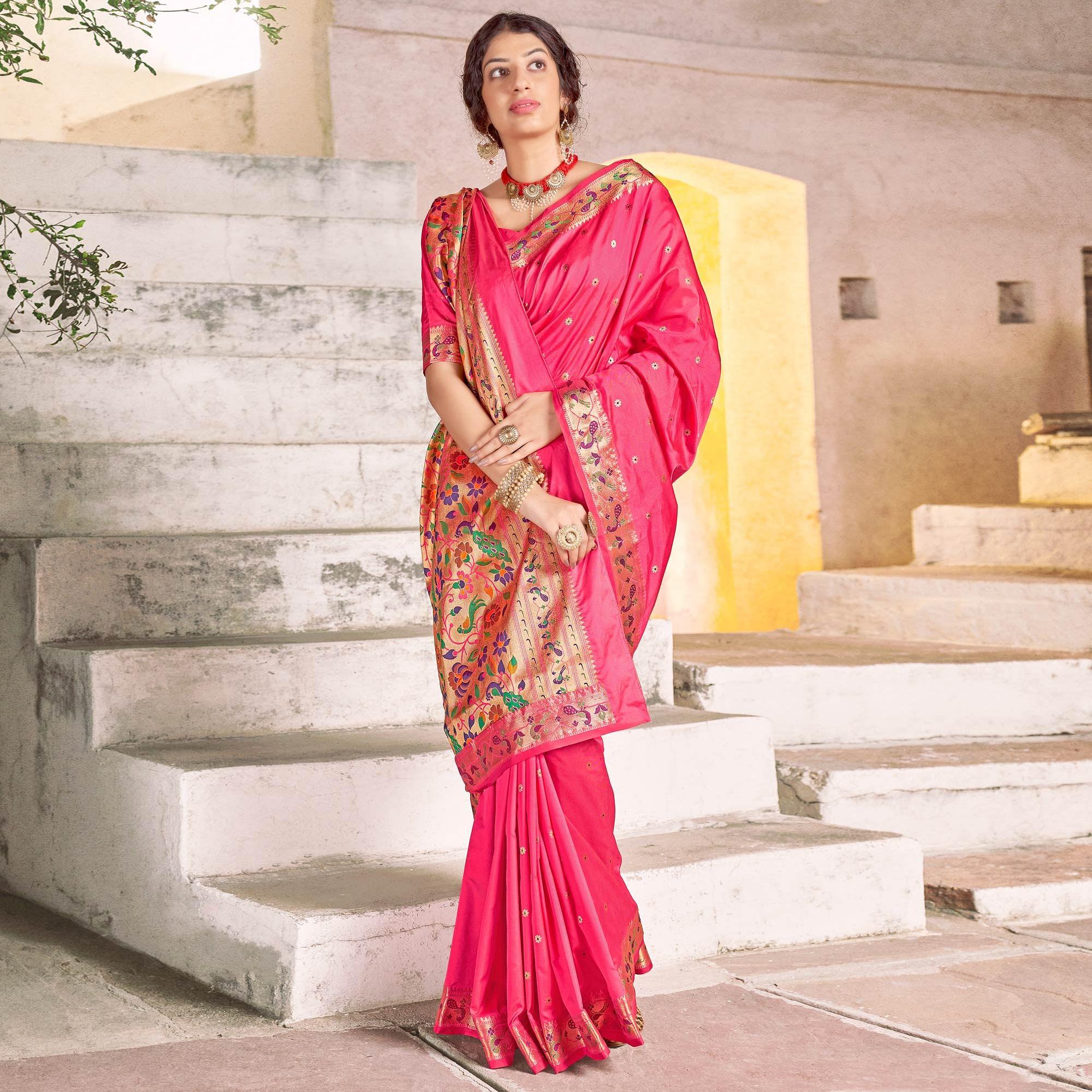 Pink Festive Wear Woven Soft Banarasi Silk Saree - Peachmode
