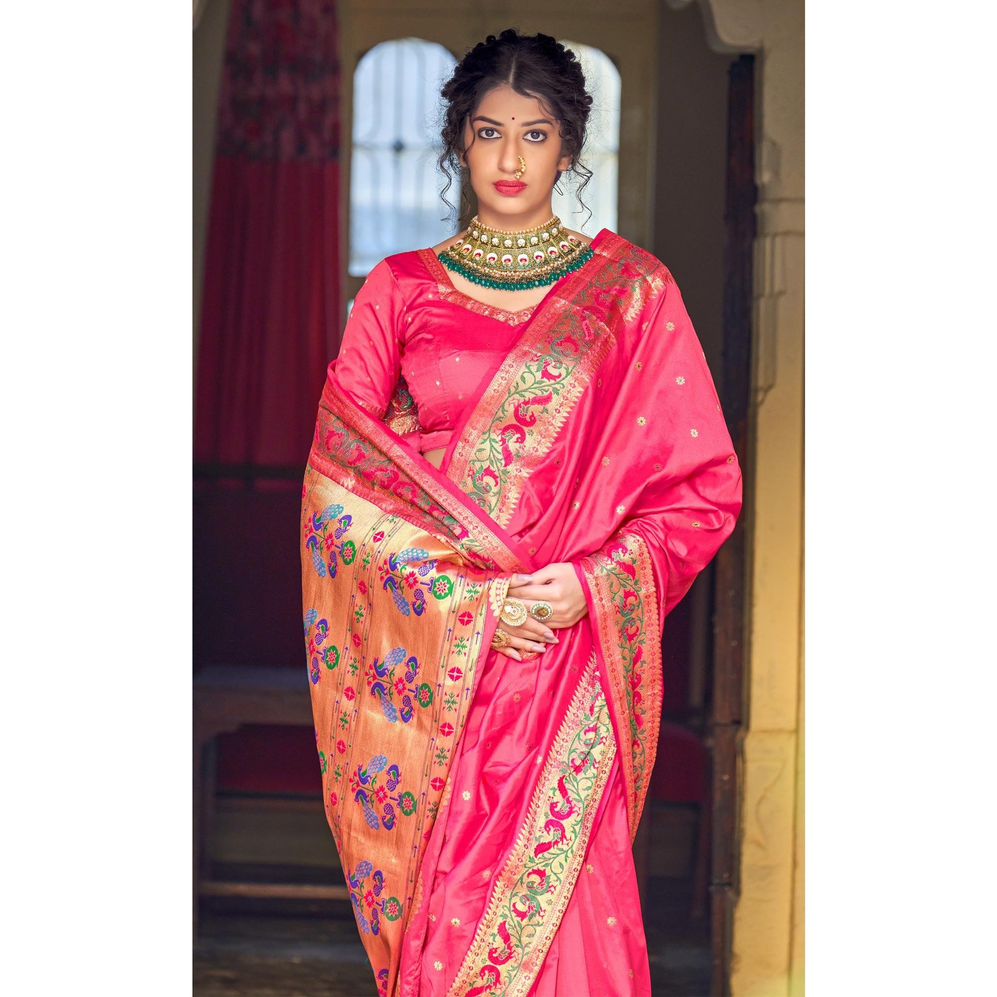 Pink Festive Wear Woven Soft Banarasi Silk Saree - Peachmode