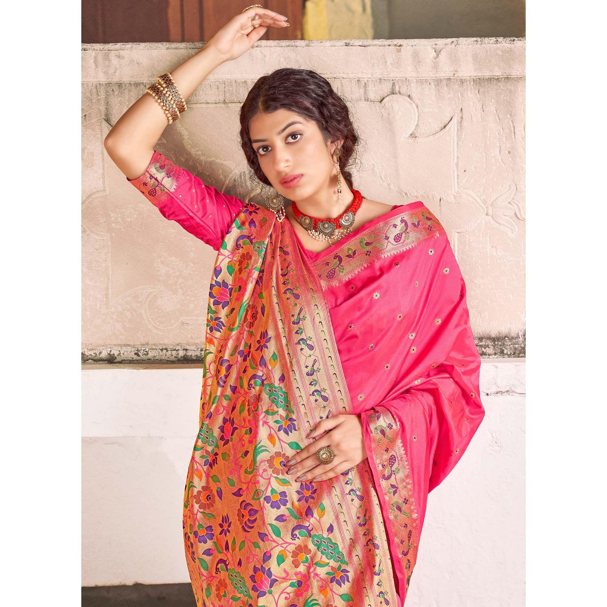 Pink Festive Wear Woven Soft Banarasi Silk Saree - Peachmode
