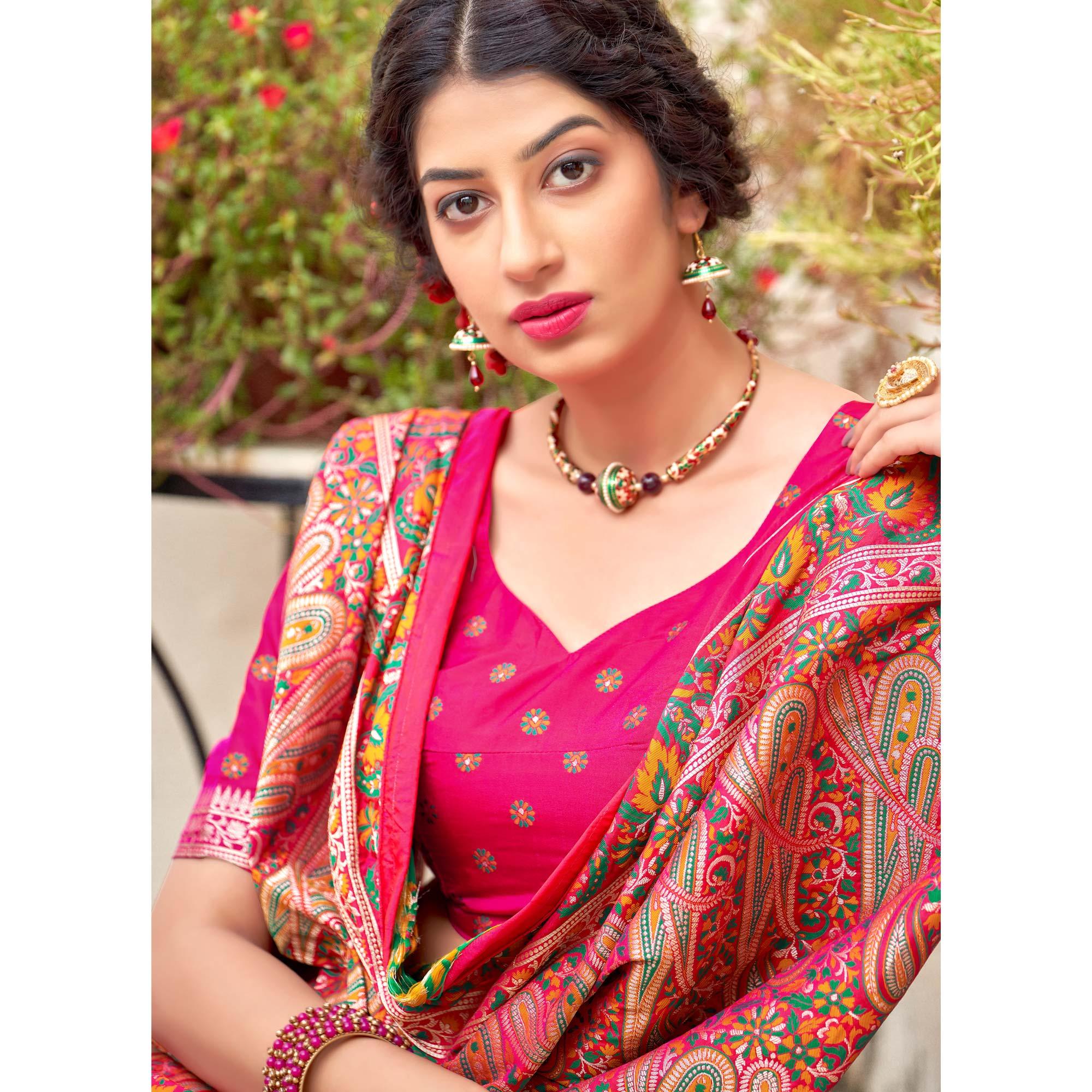 Pink Festive Wear Woven Soft Banarasi Silk Saree - Peachmode