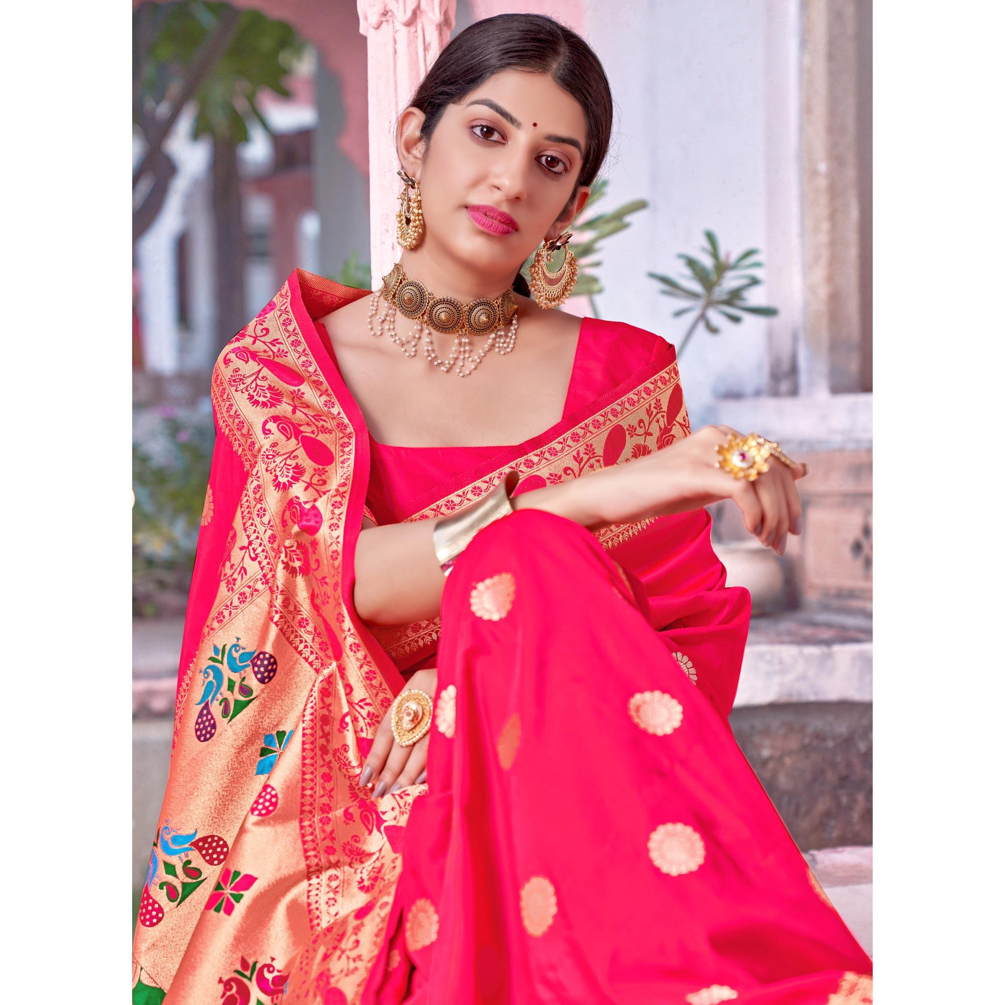 Pink Festive Wear Woven Soft Banarasi Silk Saree - Peachmode
