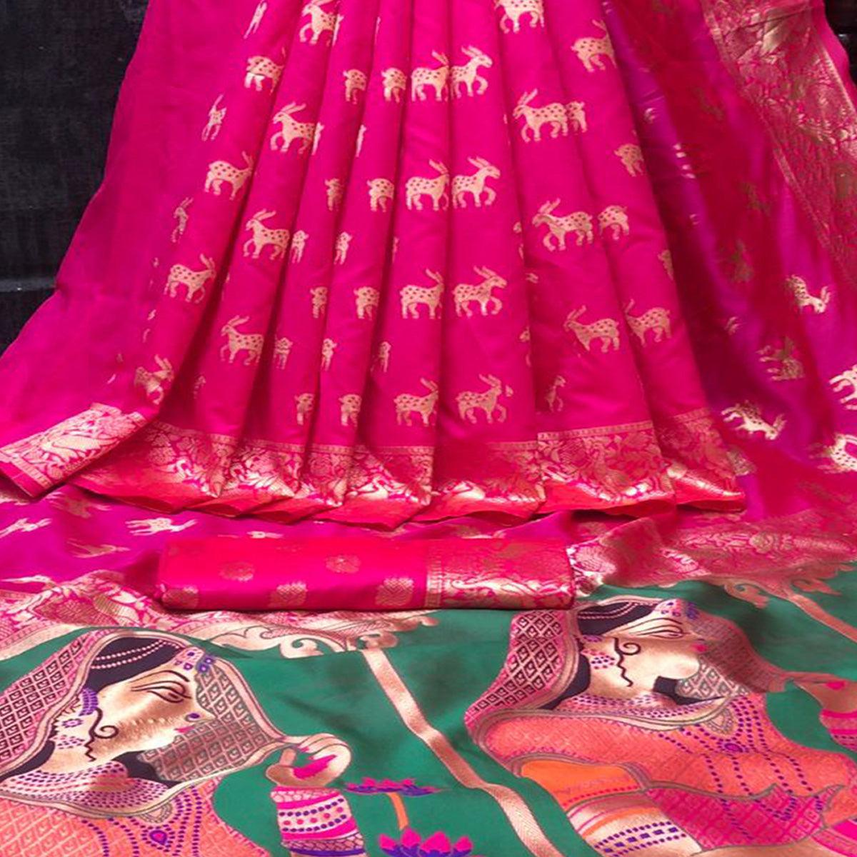 Pink Festive Wear Woven Soft Lichi Silk Saree - Peachmode