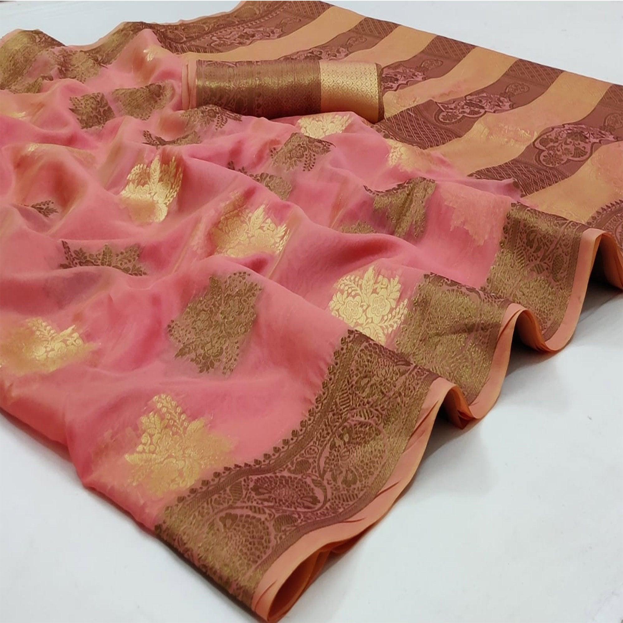 Pink Festive Wear Woven Soft Organza Saree - Peachmode
