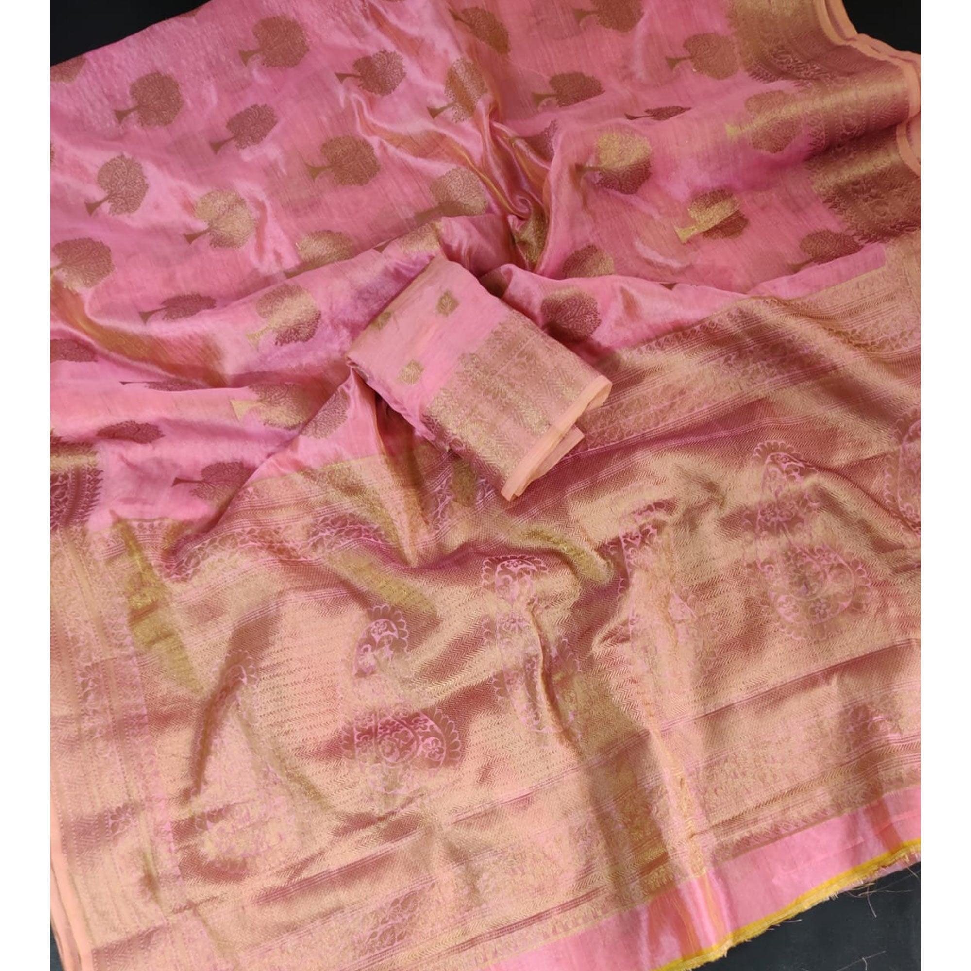 Pink Festive Wear Woven Soft Organza Saree - Peachmode