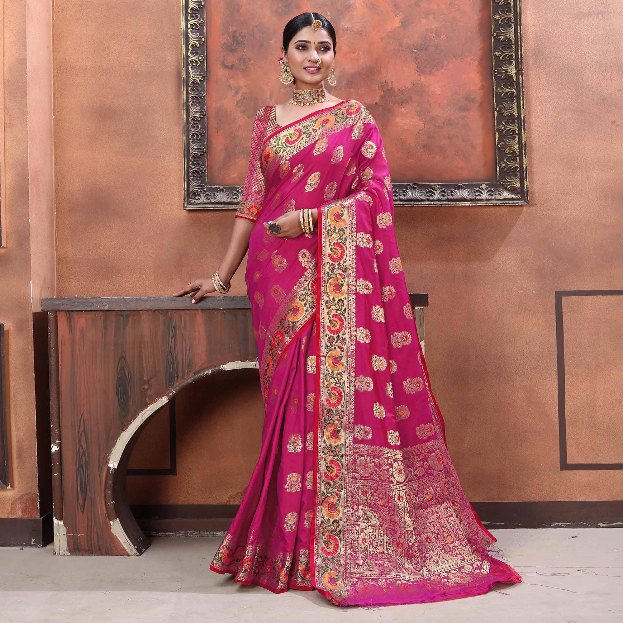 Pink Festive Wear Woven Soft Silk Saree - Peachmode