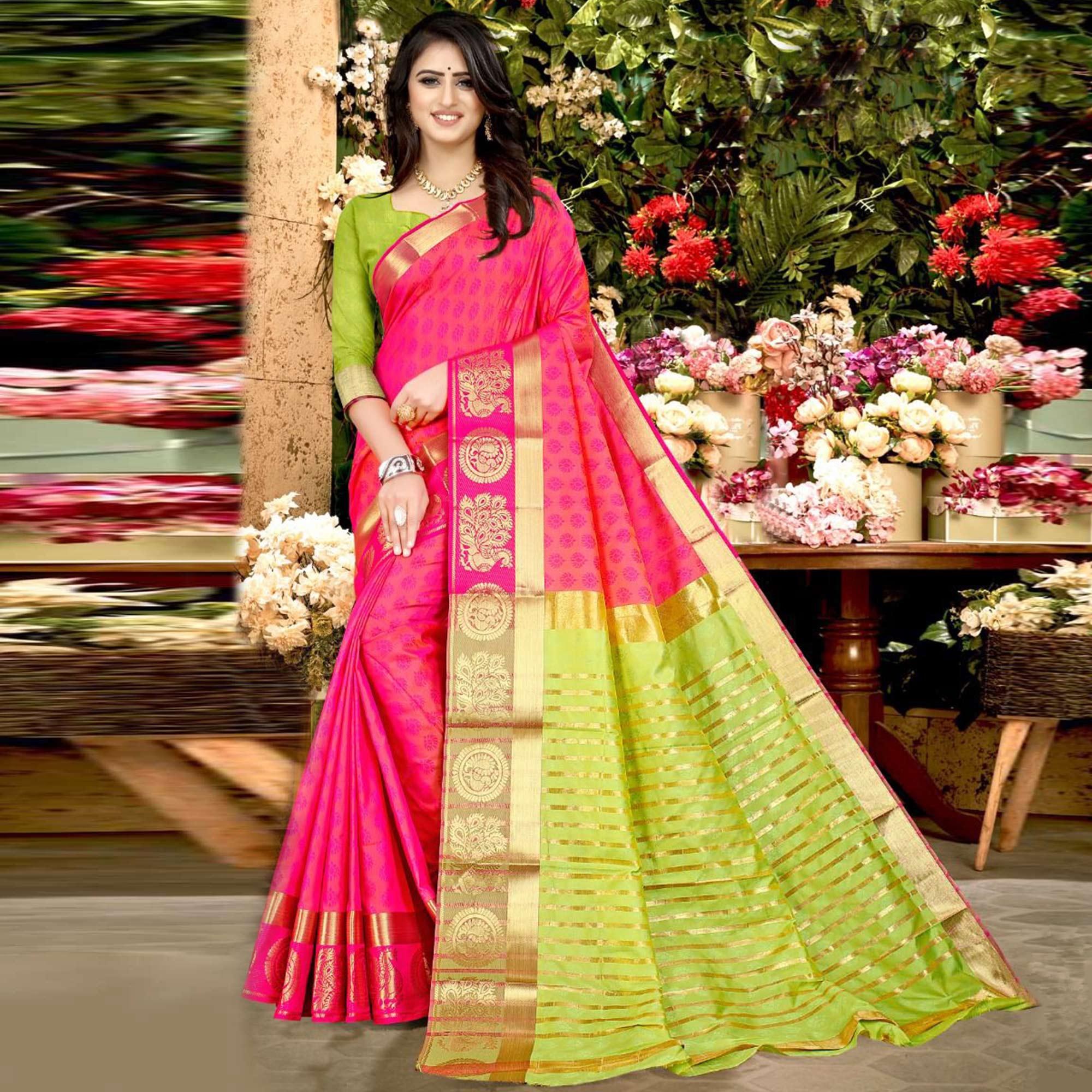 Pink Festive Wear Woven Soft Silk Saree - Peachmode