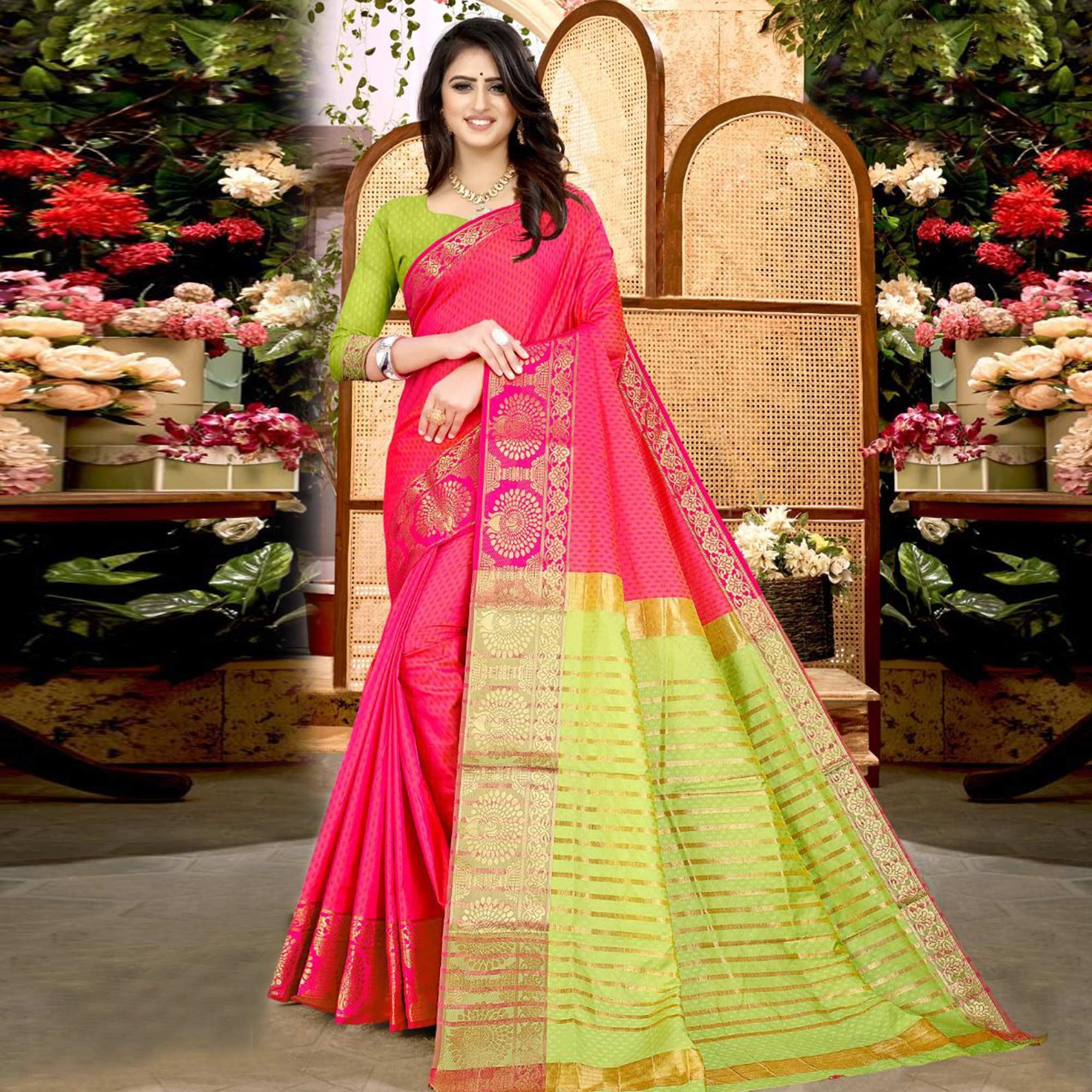 Pink Festive Wear Woven Soft Silk Saree - Peachmode