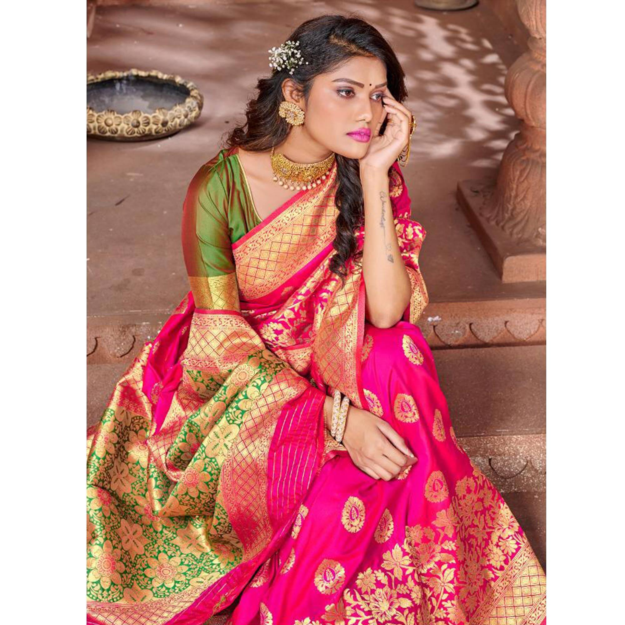 Pink Festive Wear Woven Soft Silk Saree - Peachmode