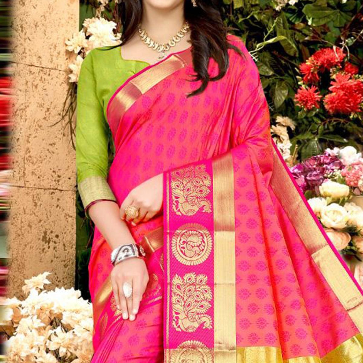 Pink Festive Wear Woven Soft Silk Saree - Peachmode