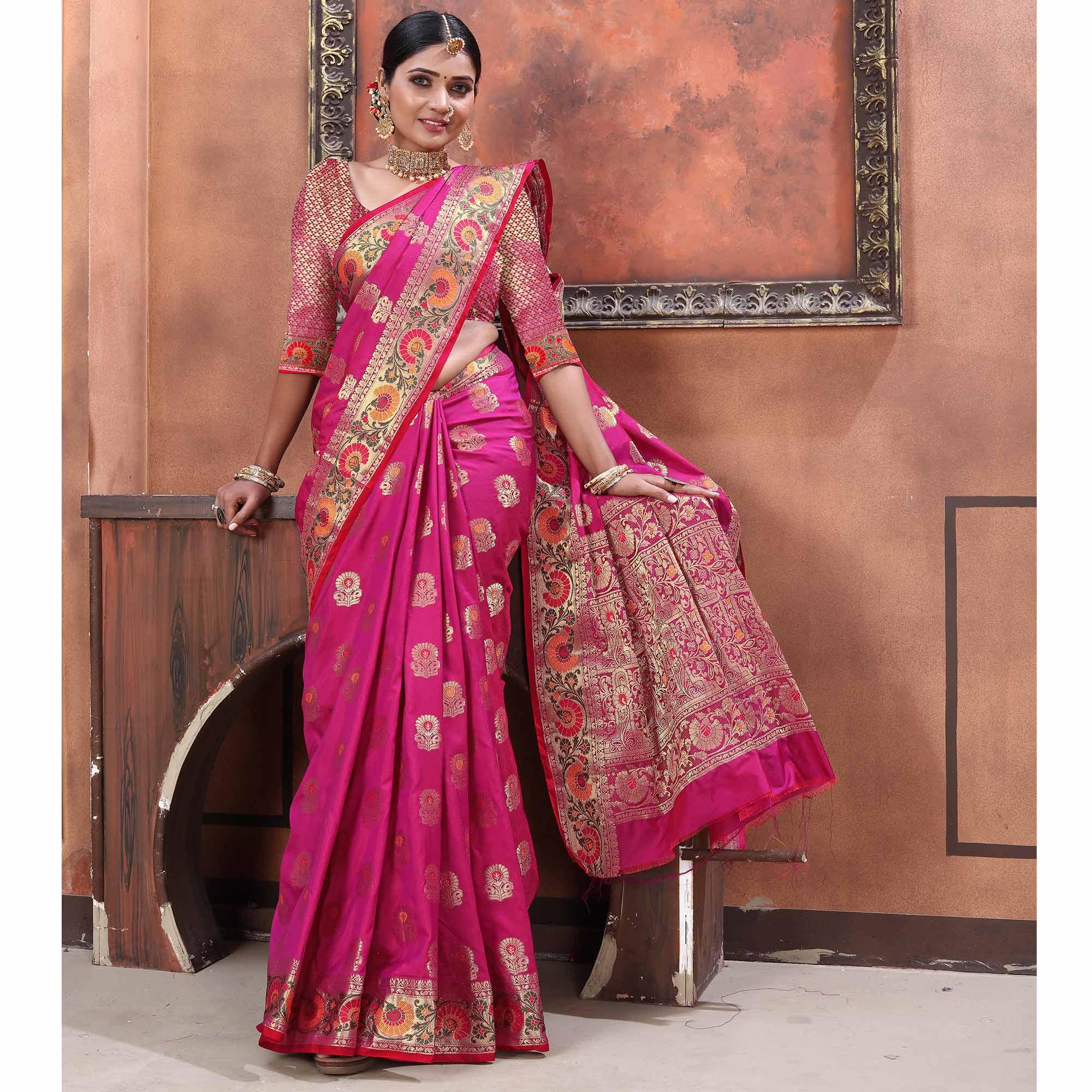 Pink Festive Wear Woven Soft Silk Saree - Peachmode