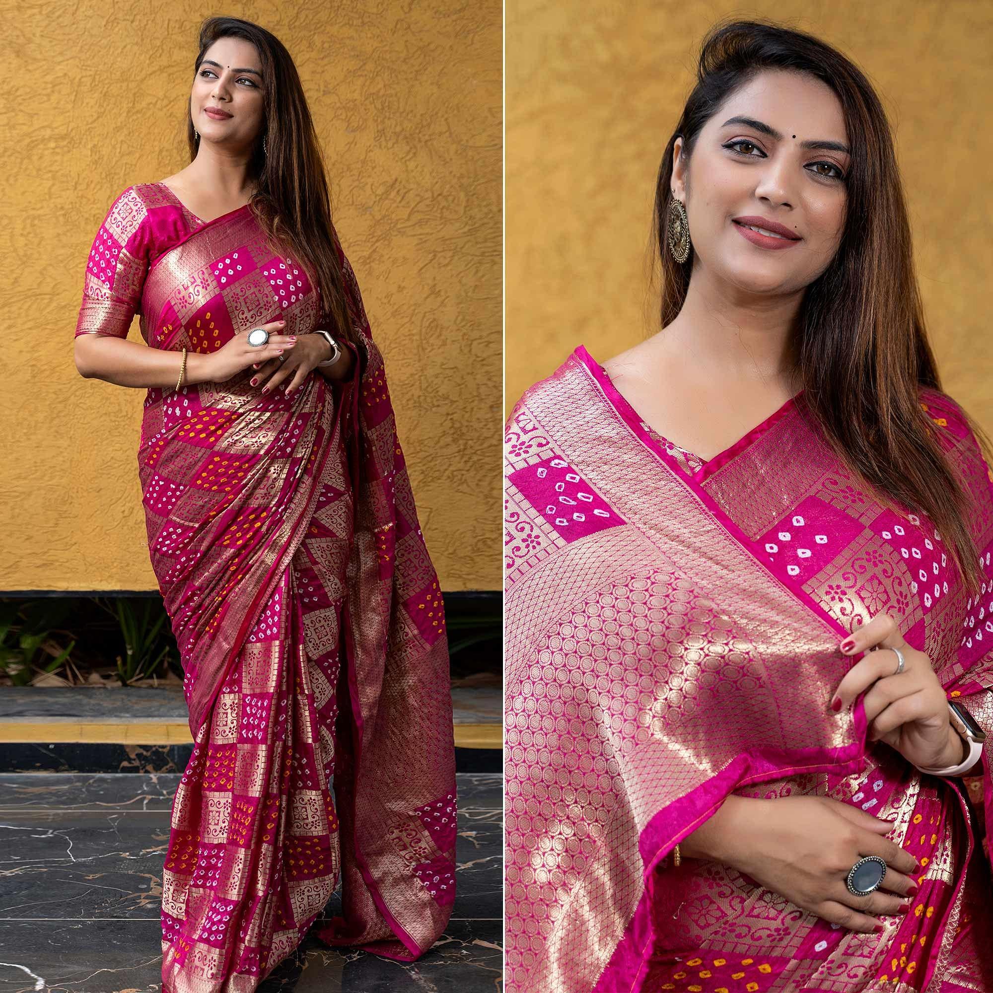 Pink Festive Wear Woven With Bandhani Printed Art Silk Saree - Peachmode