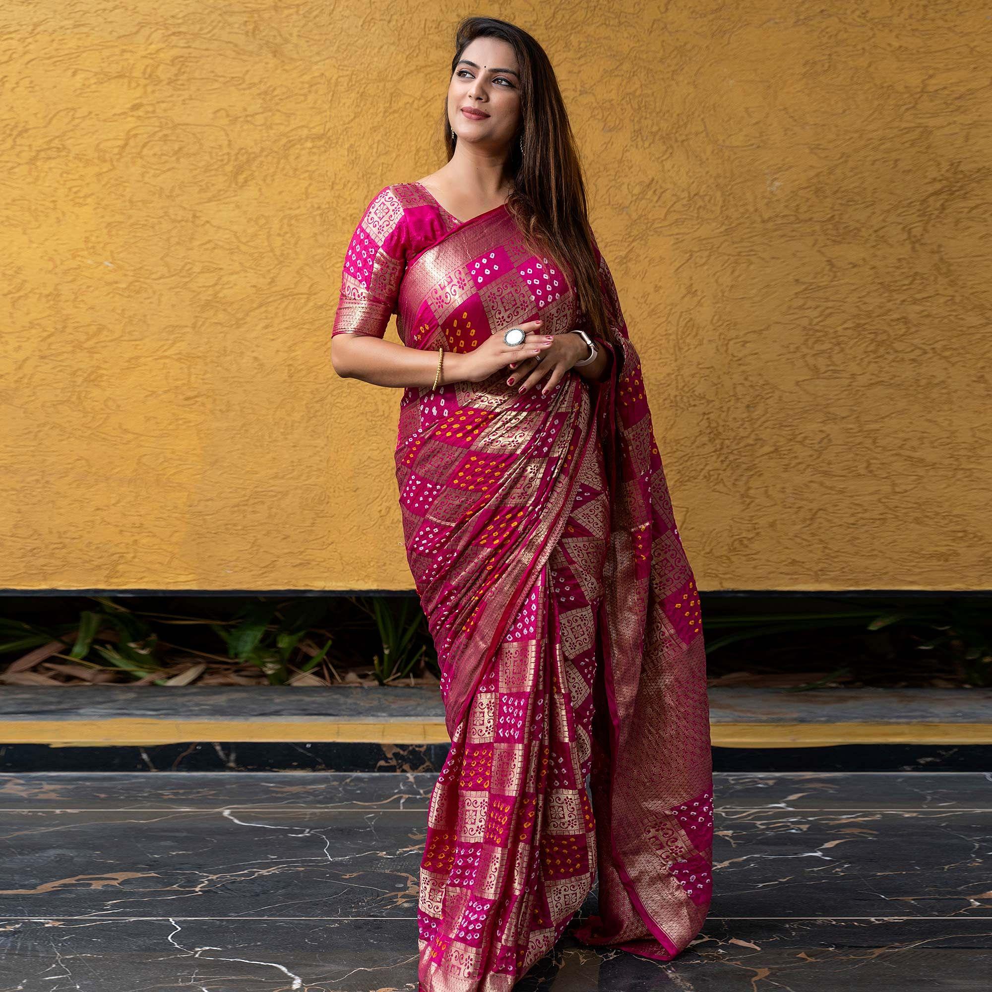 Pink Festive Wear Woven With Bandhani Printed Art Silk Saree - Peachmode