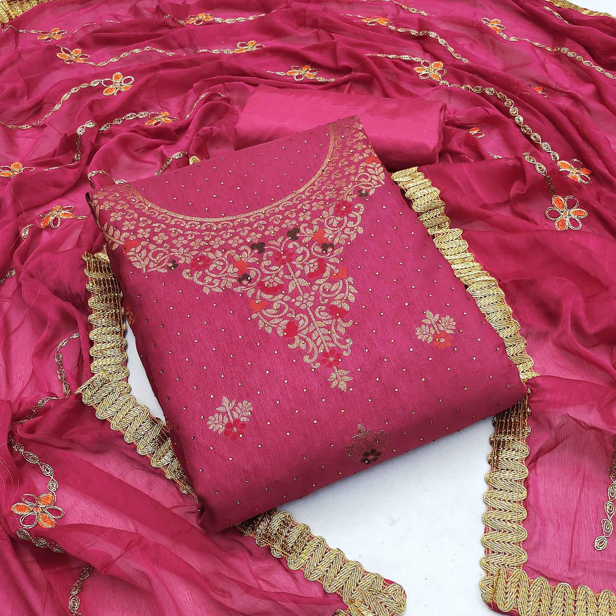 Pink Festive Wear Woven With Embellished Cotton Silk Dress Material - Peachmode