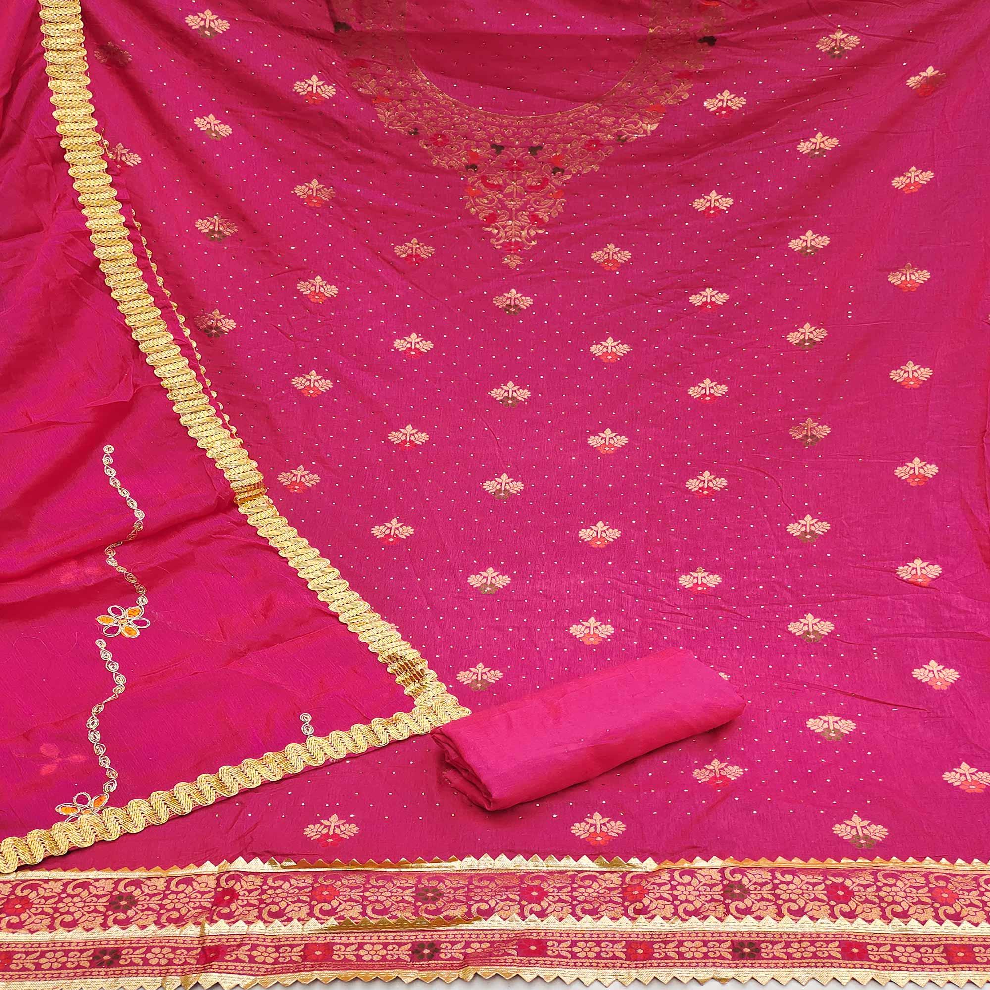 Pink Festive Wear Woven With Embellished Cotton Silk Dress Material - Peachmode