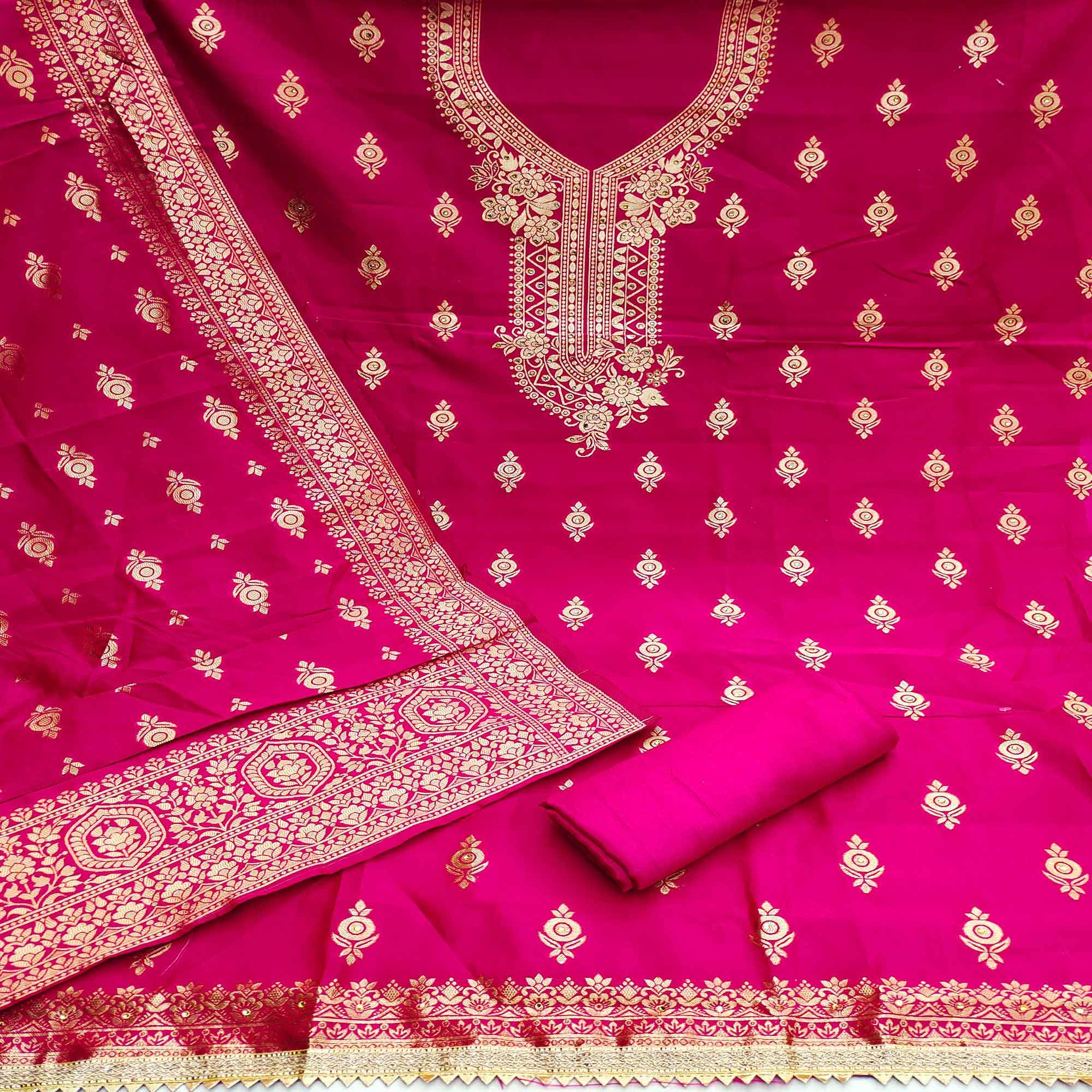 Pink Festive Wear Woven With Embellished Jacquard Dress Material - Peachmode