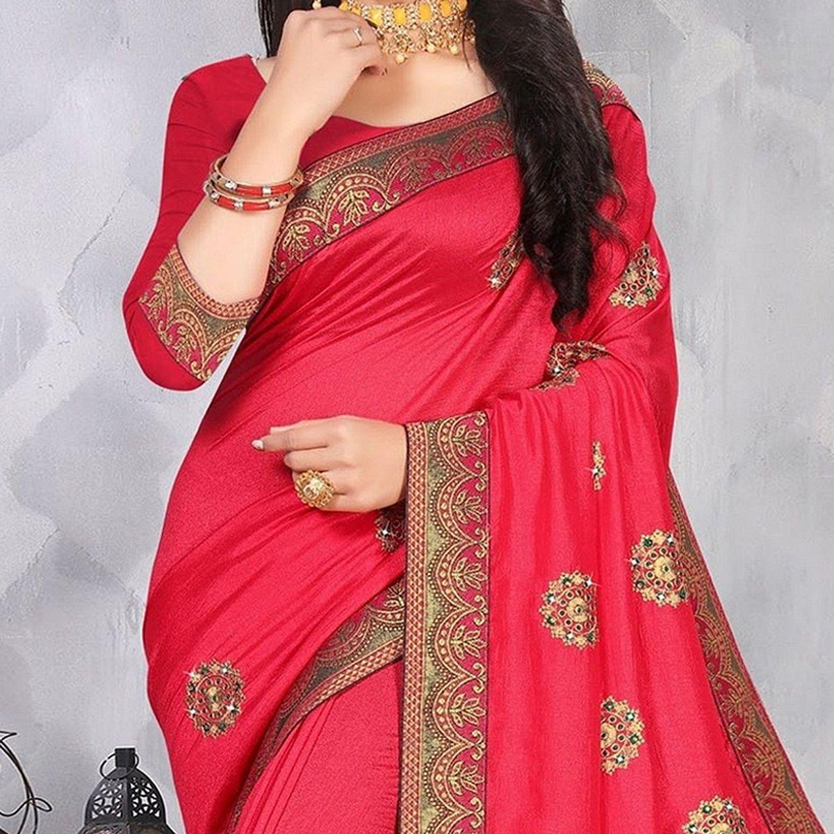 Pink Festive Wear Woven With Embellished Vichitra Silk Saree - Peachmode