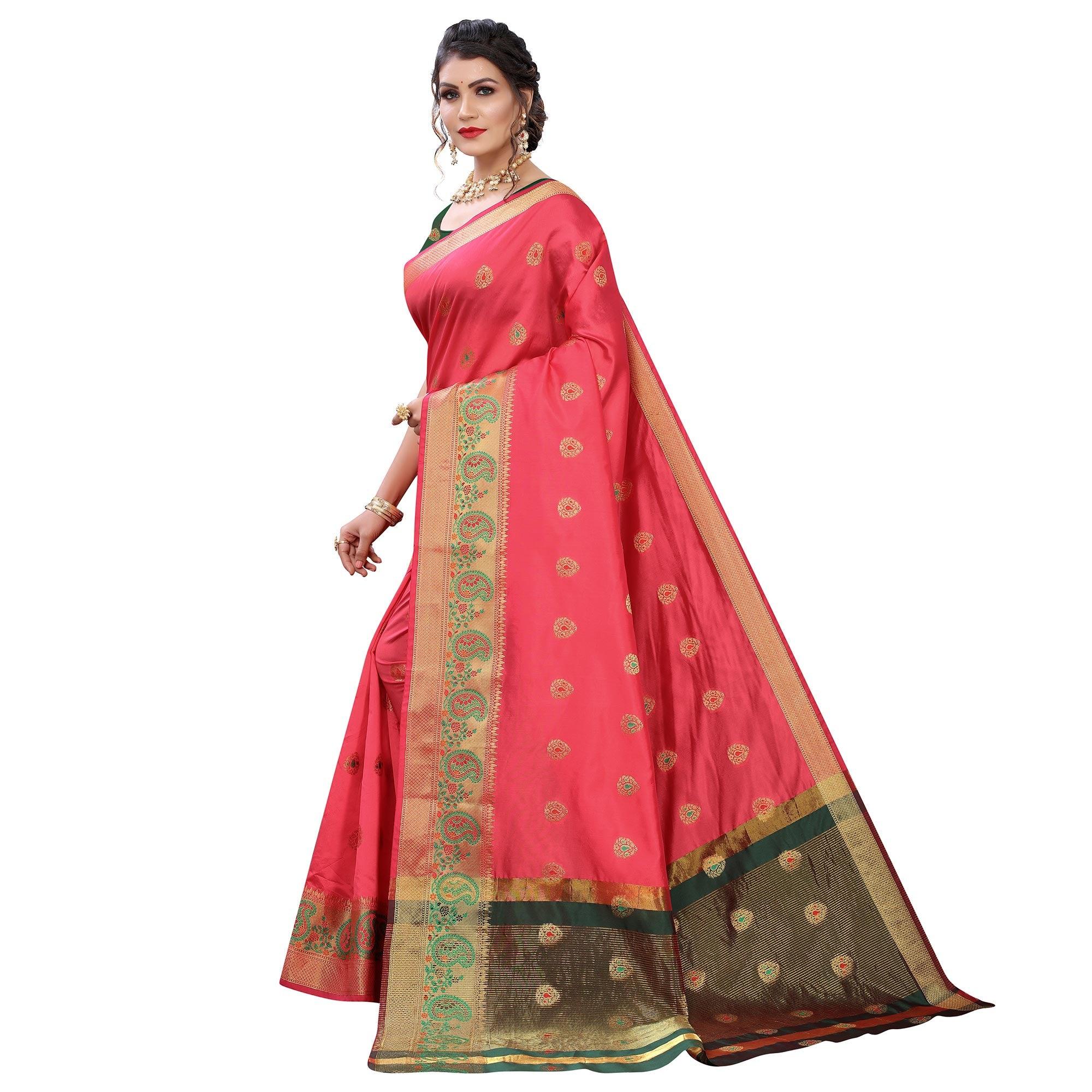 Pink Festive Wear Woven With Meena Butta Lining Pallu Soft Silk Saree - Peachmode