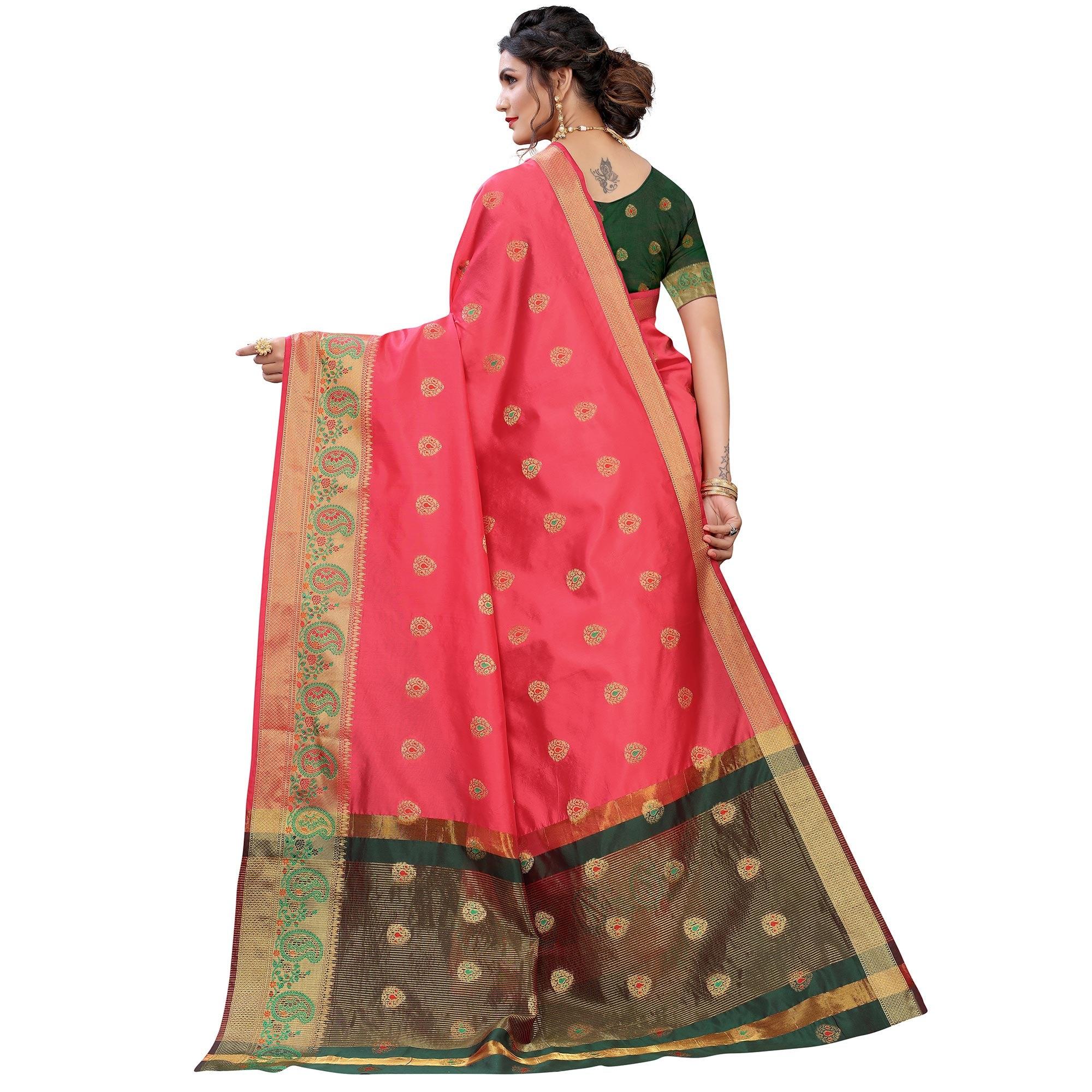 Pink Festive Wear Woven With Meena Butta Lining Pallu Soft Silk Saree - Peachmode