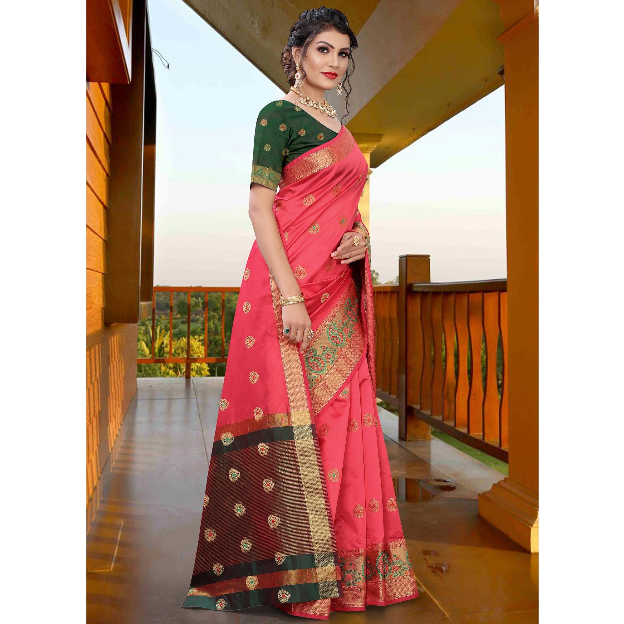 Pink Festive Wear Woven With Meena Butta Lining Pallu Soft Silk Saree - Peachmode