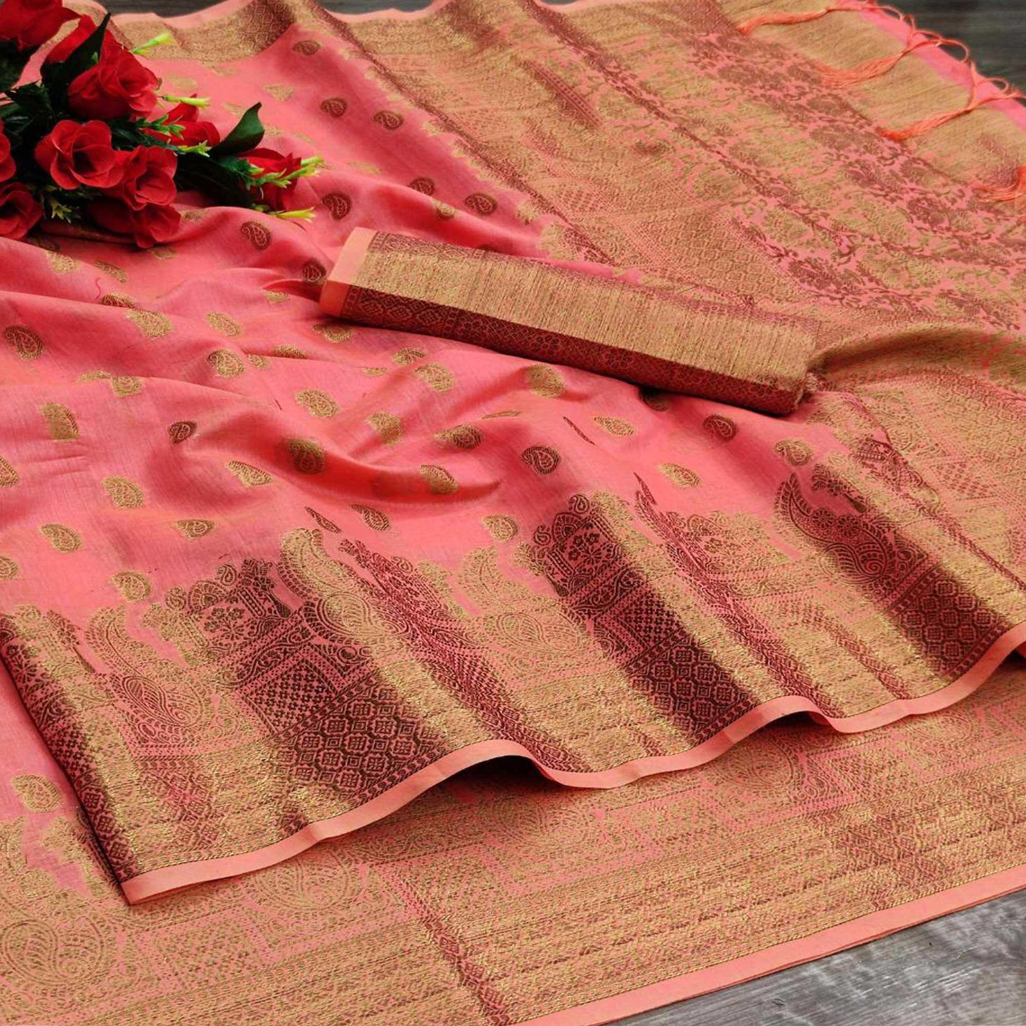 Pink Festive Wear Woven With Meena Butta Rich Pallu Cotton Saree - Peachmode