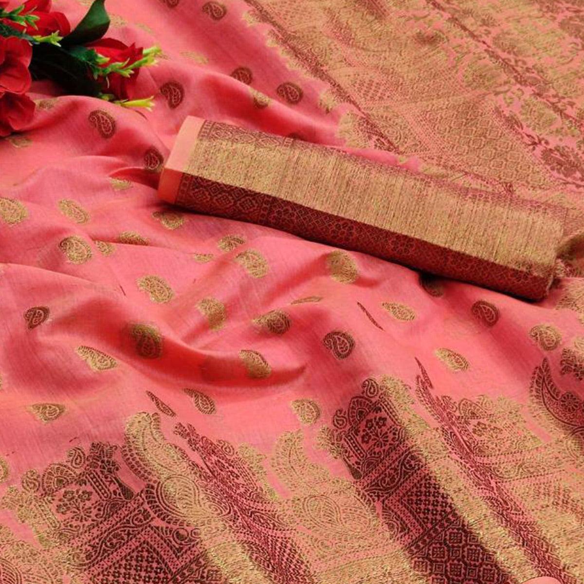 Pink Festive Wear Woven With Meena Butta Rich Pallu Cotton Saree - Peachmode
