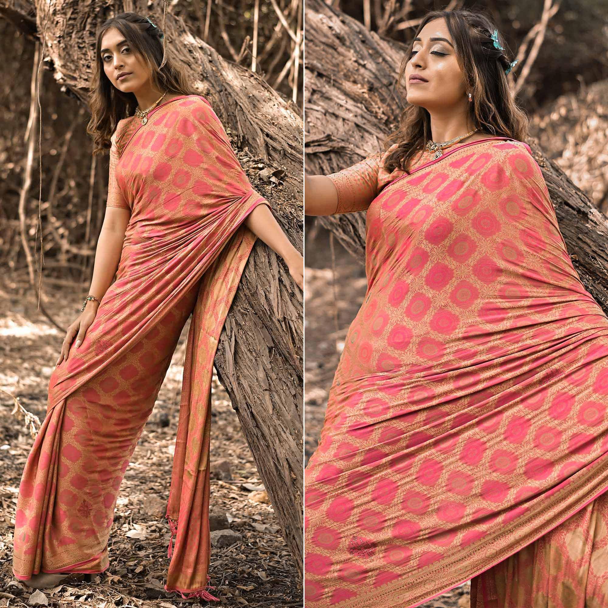 Pink Festive Wear Woven With Swarovski Art Silk Saree - Peachmode