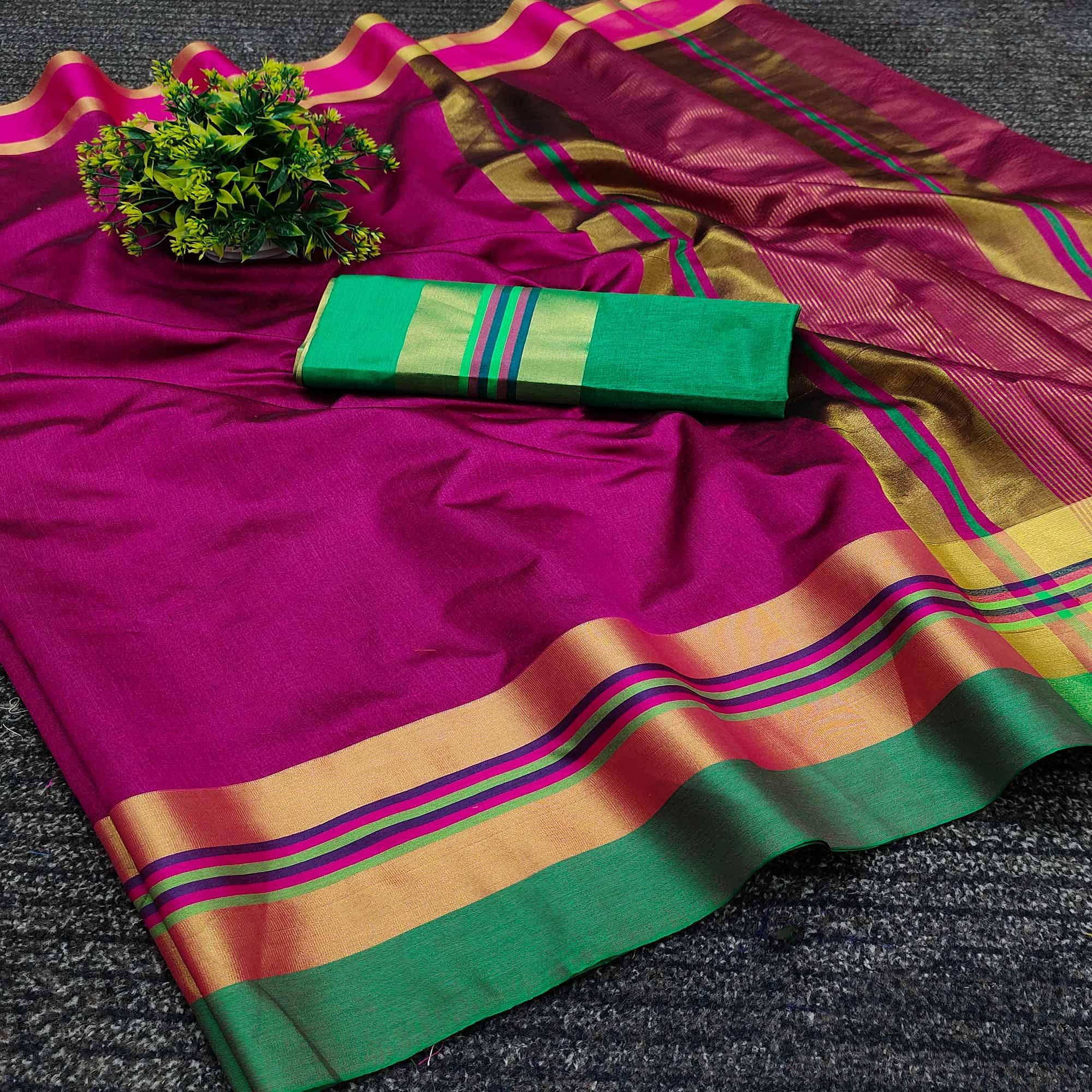 Pink Festive Wear Zari Border Cotton Blend Saree - Peachmode