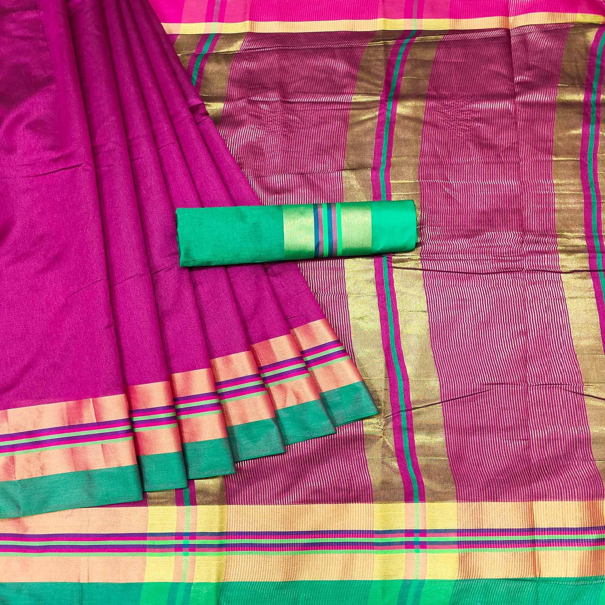 Pink Festive Wear Zari Border Cotton Blend Saree - Peachmode