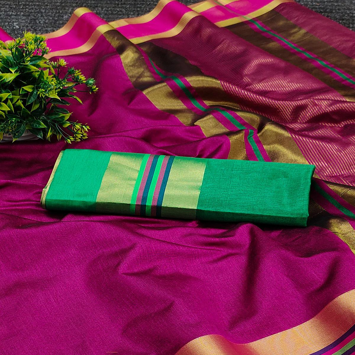 Pink Festive Wear Zari Border Cotton Blend Saree - Peachmode