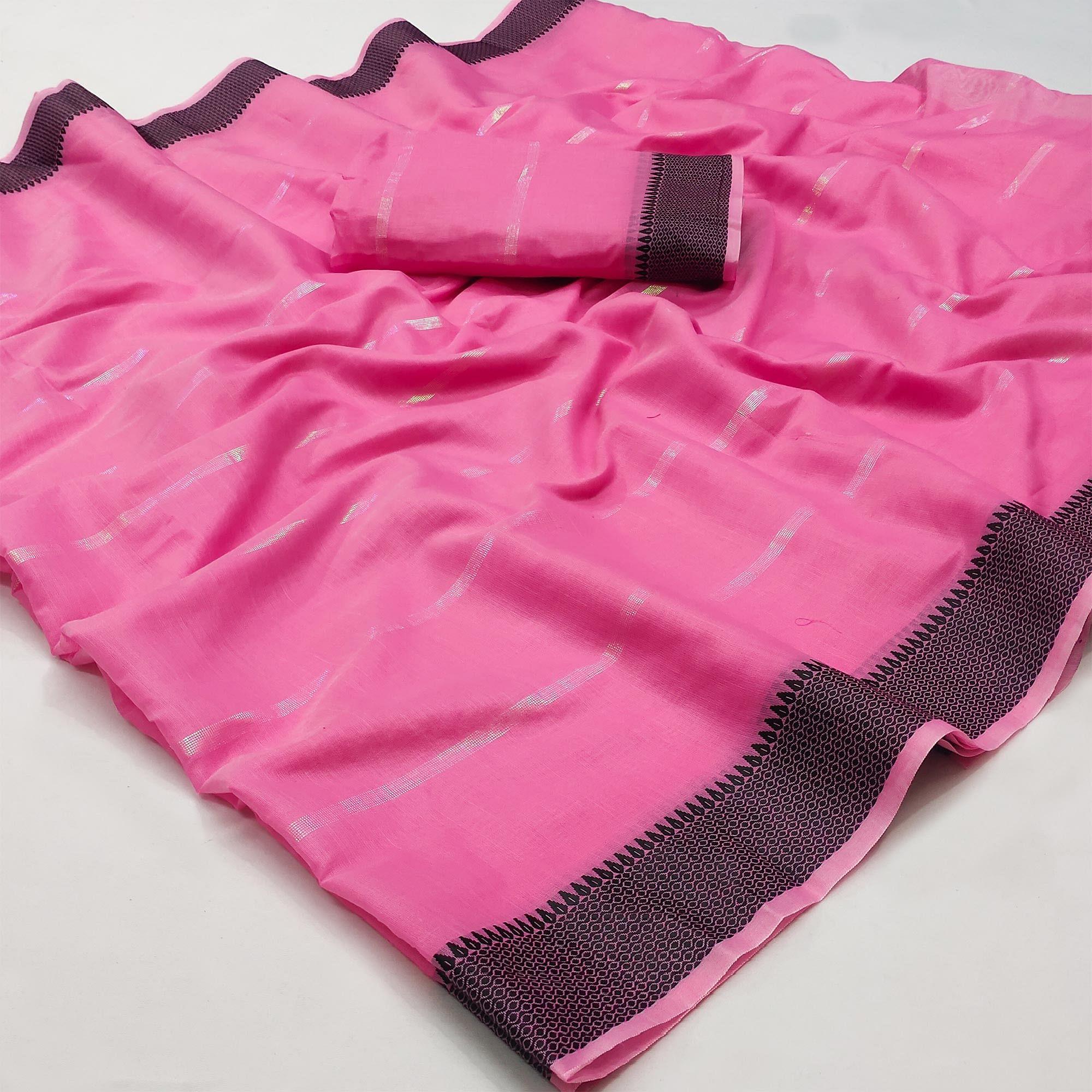 Pink Festive Wear Zari Stripe Cotton Saree - Peachmode