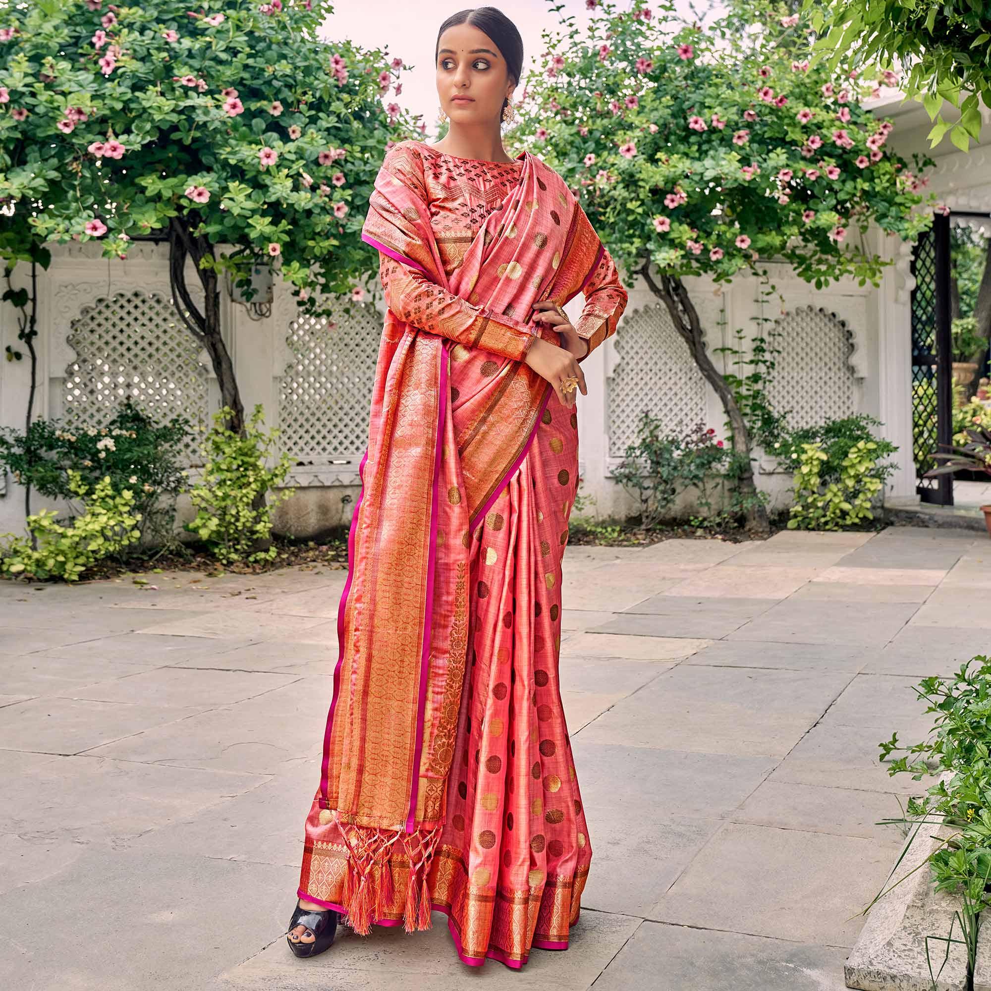Pink Festive Wear Zari Woven Soft Ghichaa Silk Saree - Peachmode