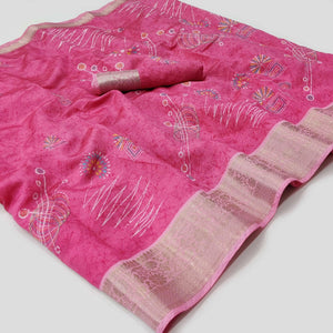 Pink Floral And Geometric Printed Dola Silk Saree - Peachmode