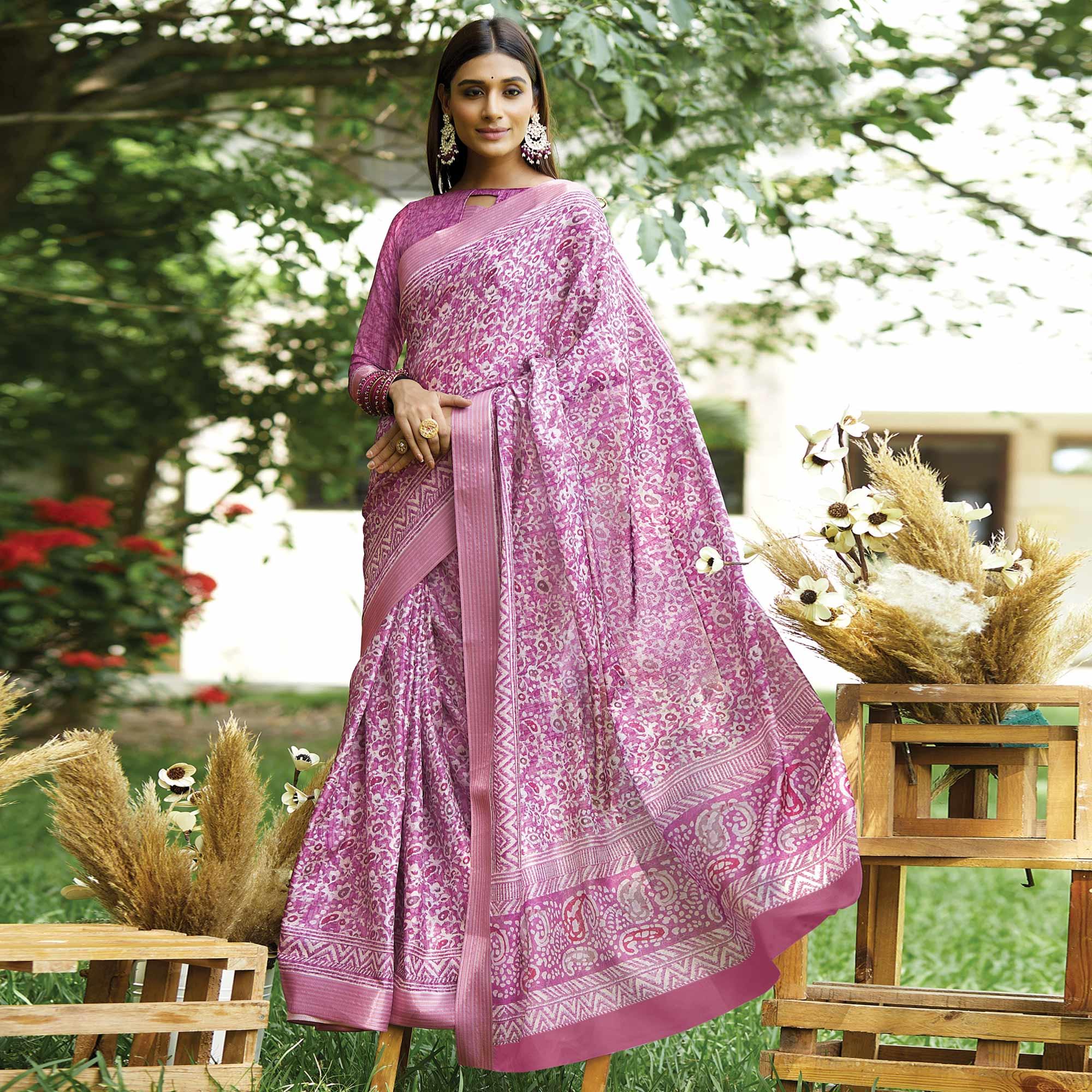 Pink Floral Digital Printed Art Silk Saree - Peachmode