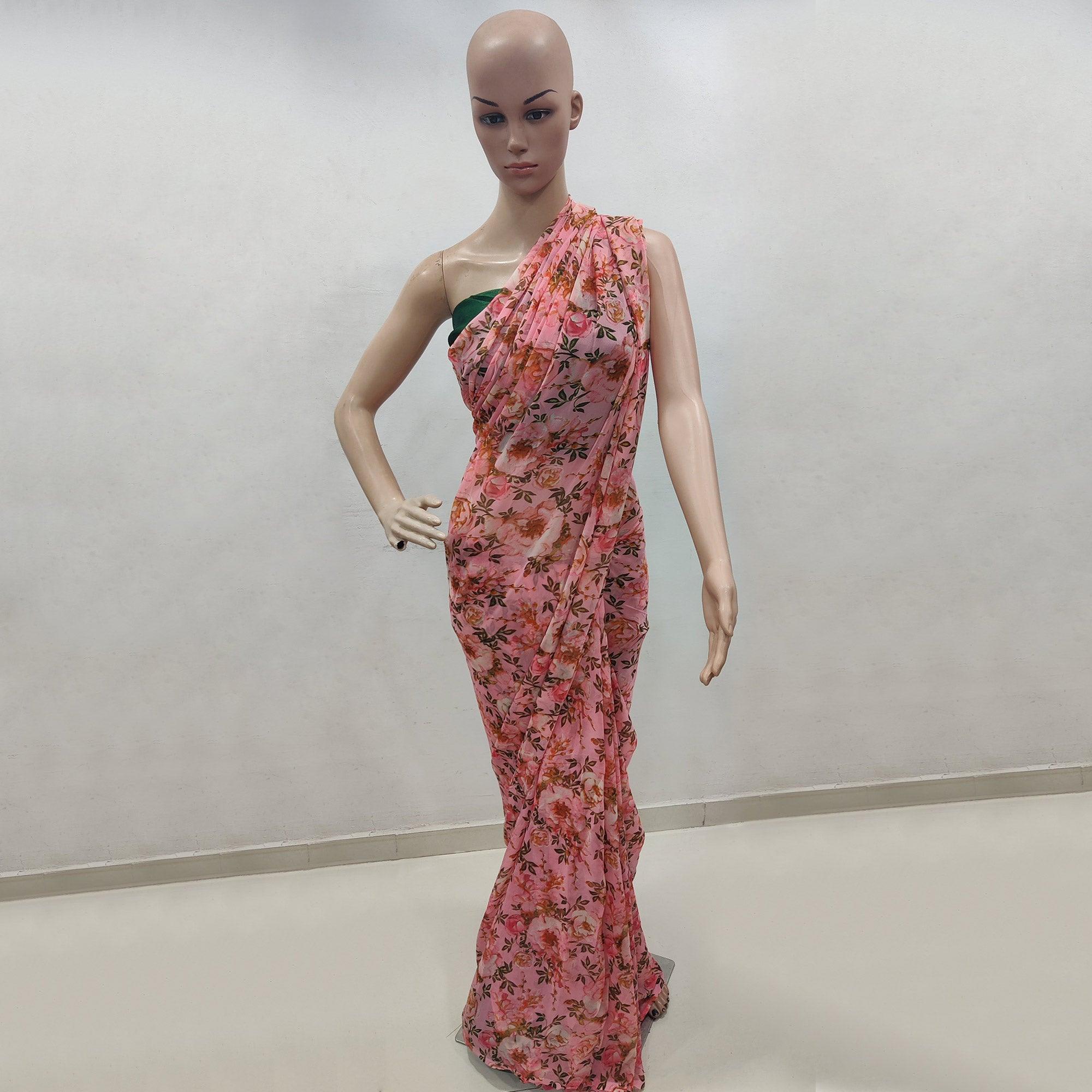 Pink Floral Digital Printed Georgette Saree - Peachmode