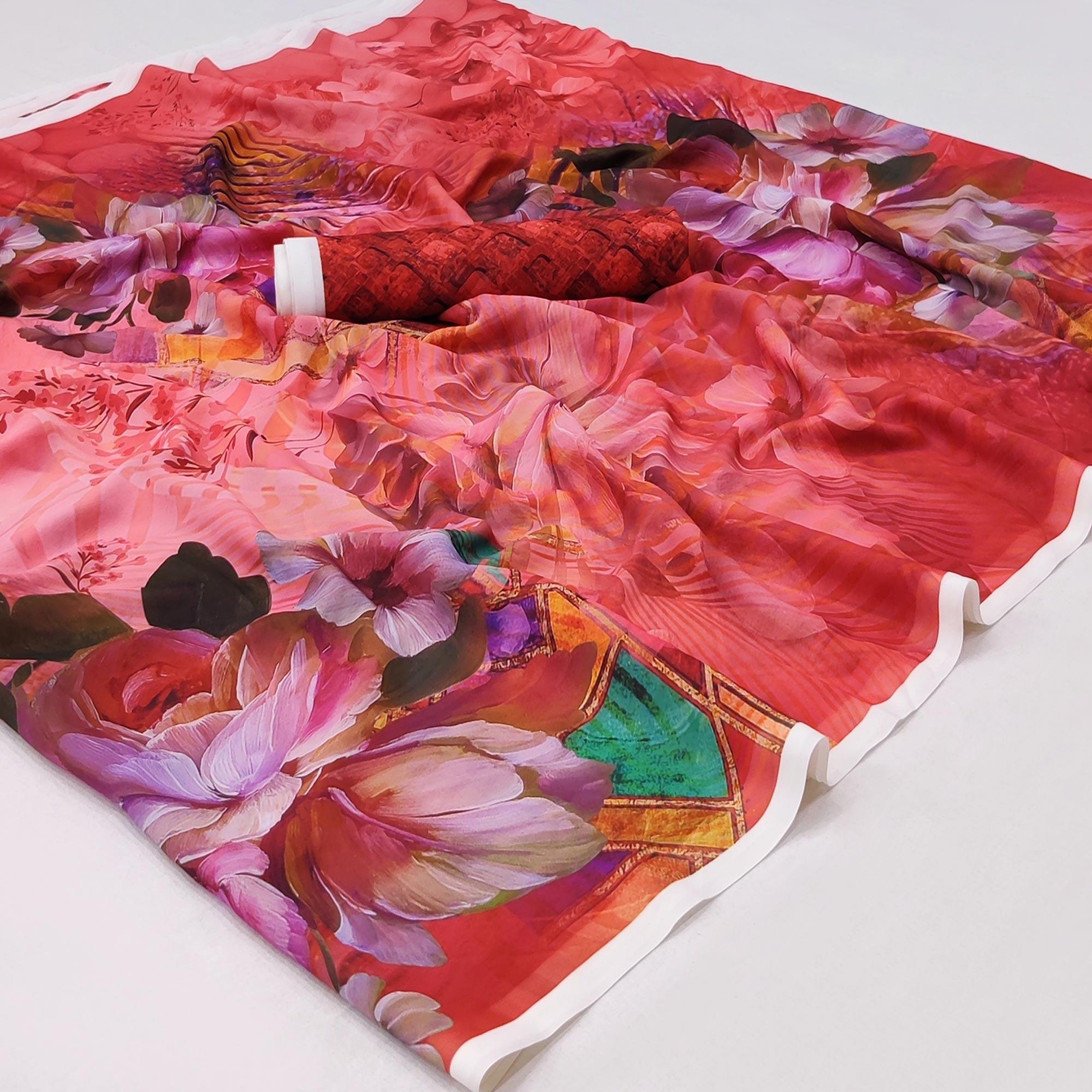 Pink Floral Digital Printed Georgette Saree - Peachmode