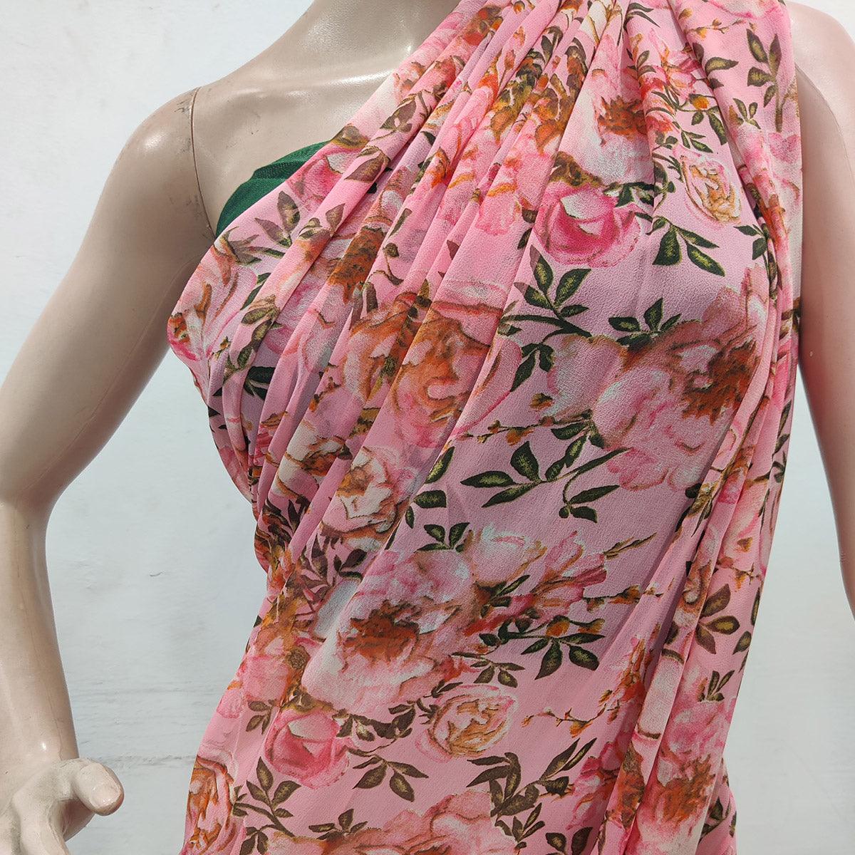 Pink Floral Digital Printed Georgette Saree - Peachmode