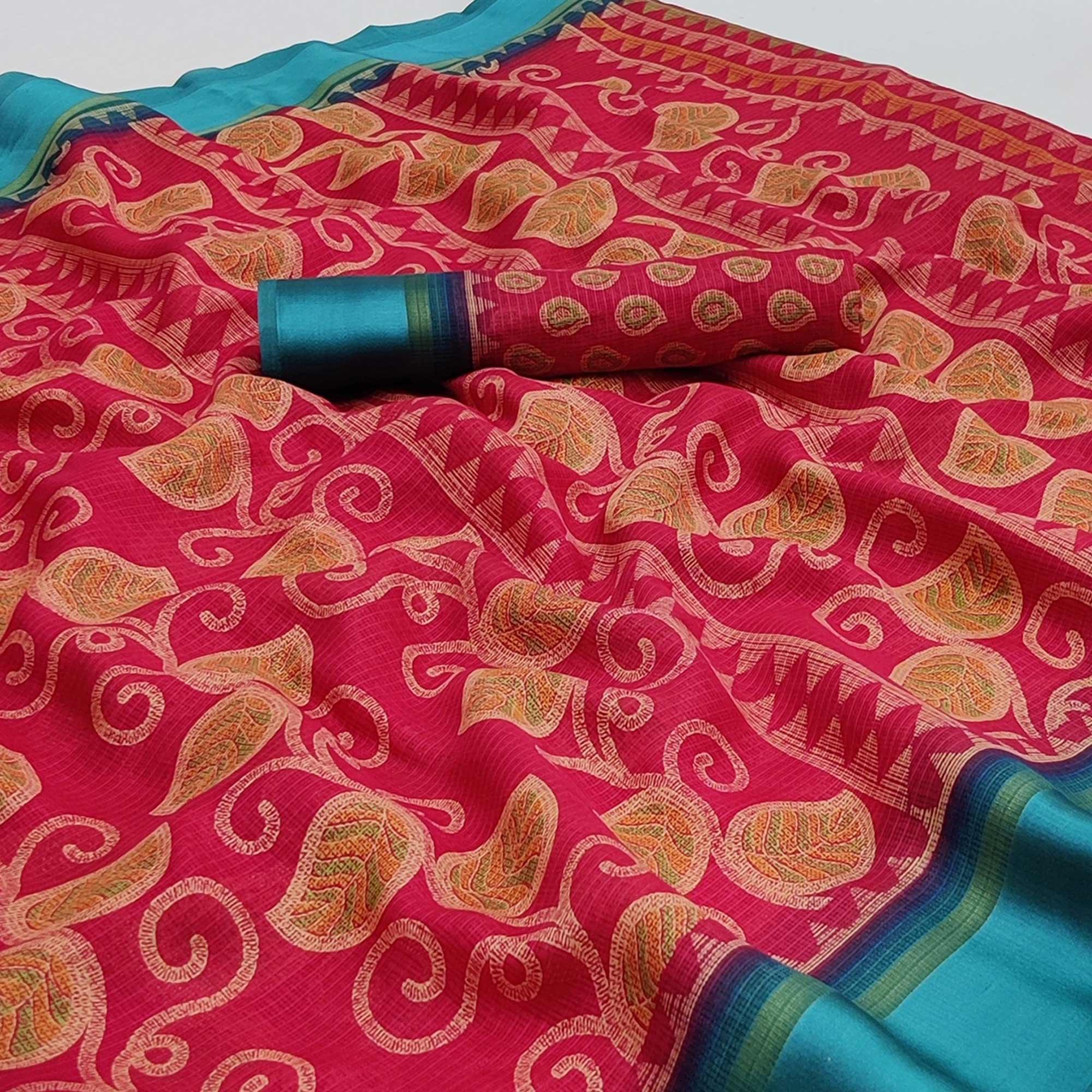 Pink Floral Digital Printed Kota Doria Saree - Peachmode