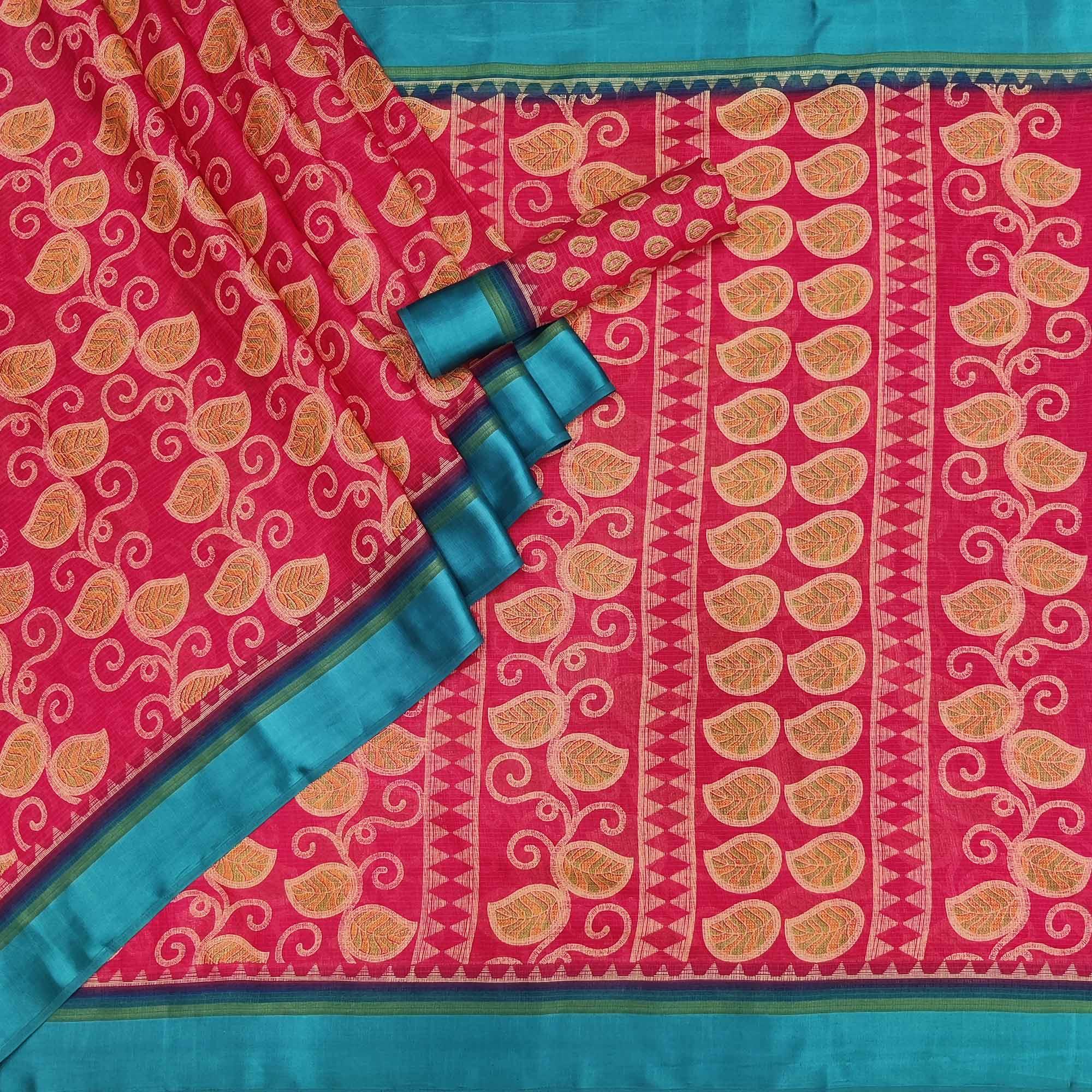 Pink Floral Digital Printed Kota Doria Saree - Peachmode