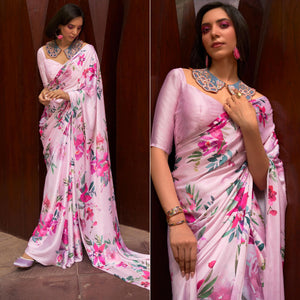 Pink Floral Digital Printed Satin Saree - Peachmode