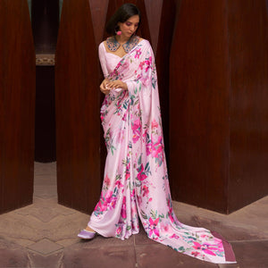 Pink Floral Digital Printed Satin Saree - Peachmode
