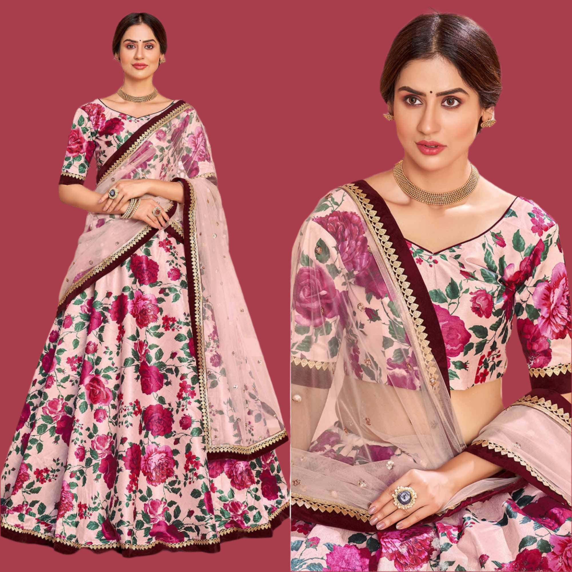 Pink Floral Digital Printed Tapetta Silk Lehenga Choli - Peachmode