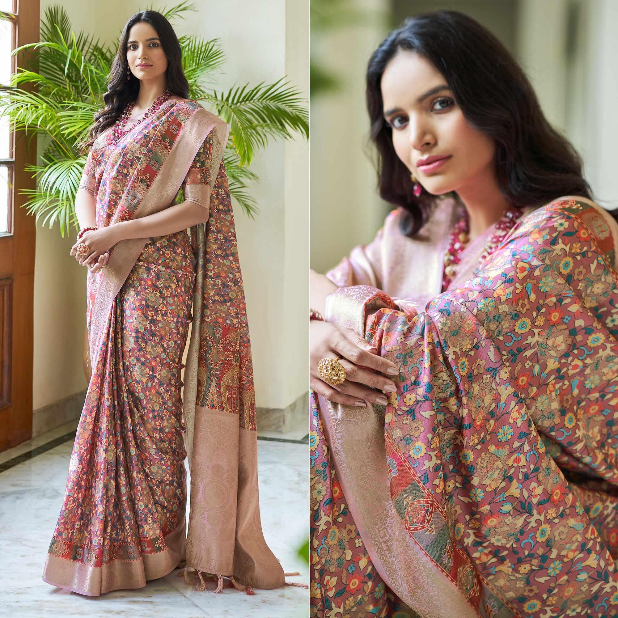 Pink Floral Digital Printed With Woven Border Art Silk Saree - Peachmode
